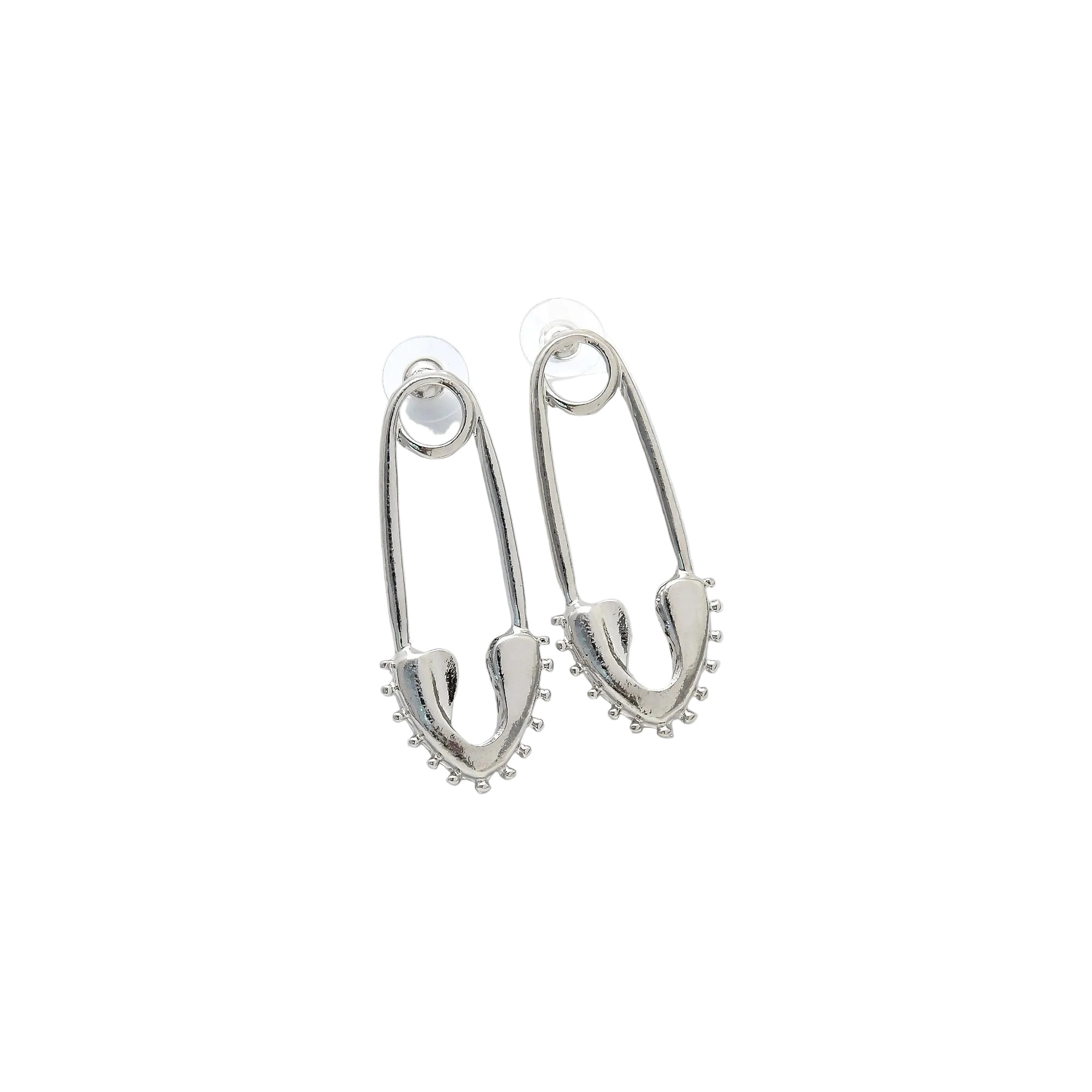     Handcrafted stainless steel safety pin drop earrings with polished silver finish by Civaro.