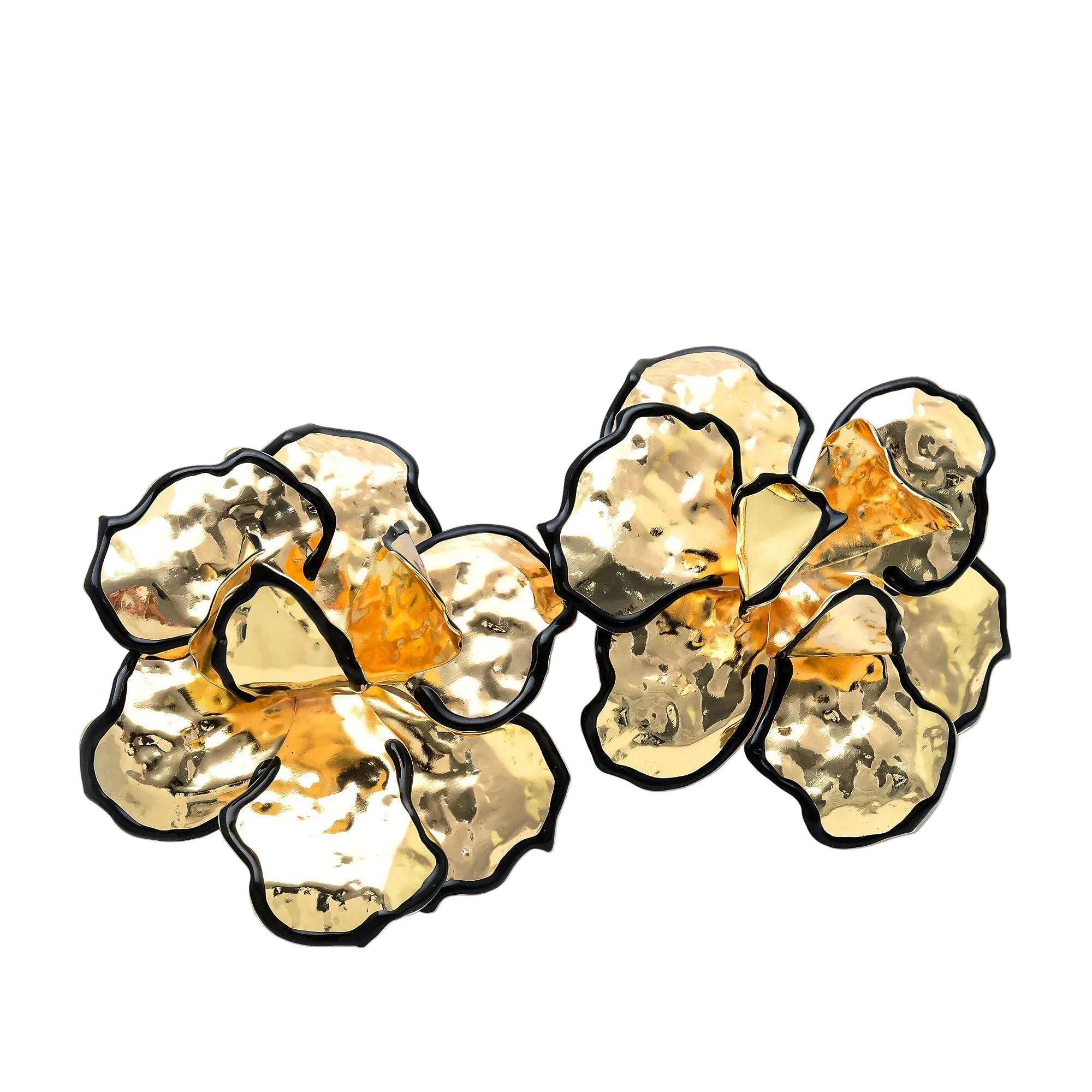 Handcrafted sculpted floral statement earrings with hammered gold finish and black detailing.