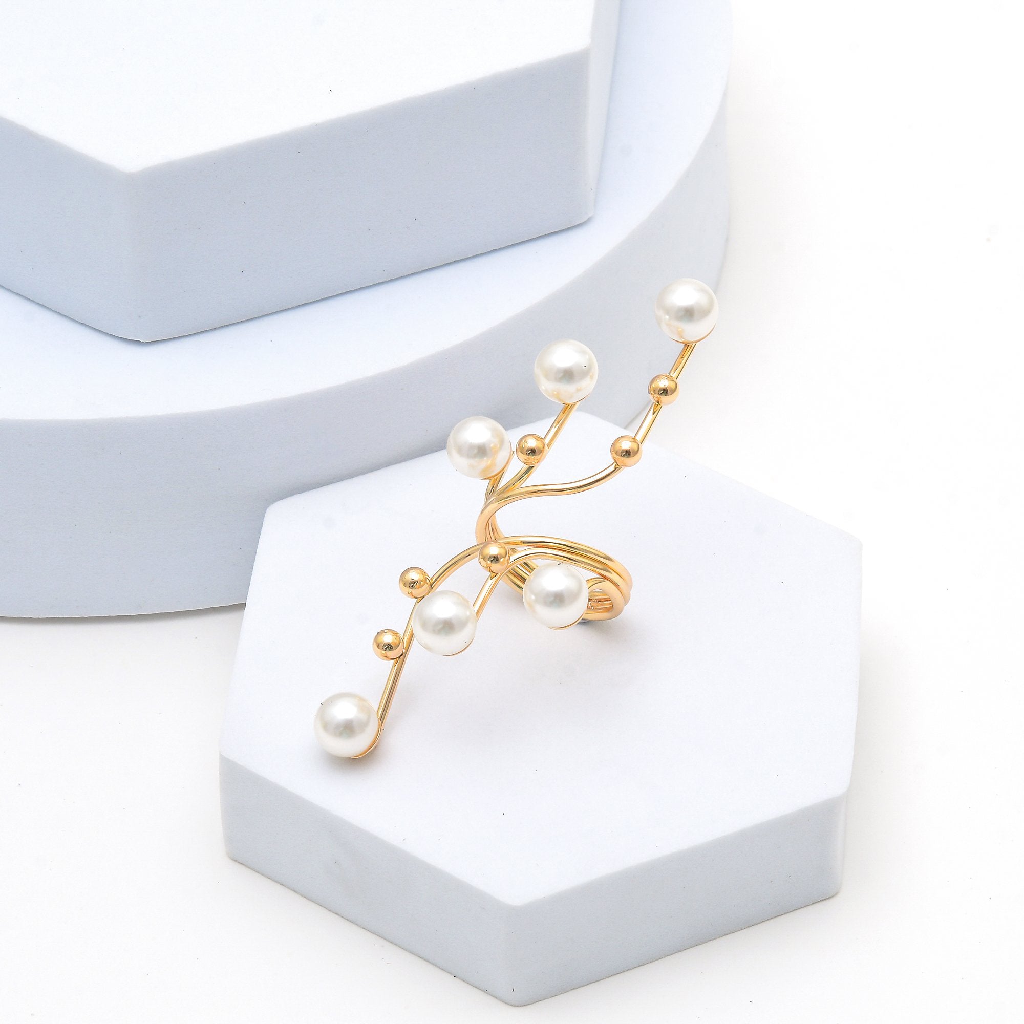 Modern geometric pearl open ring for women in gold finish
