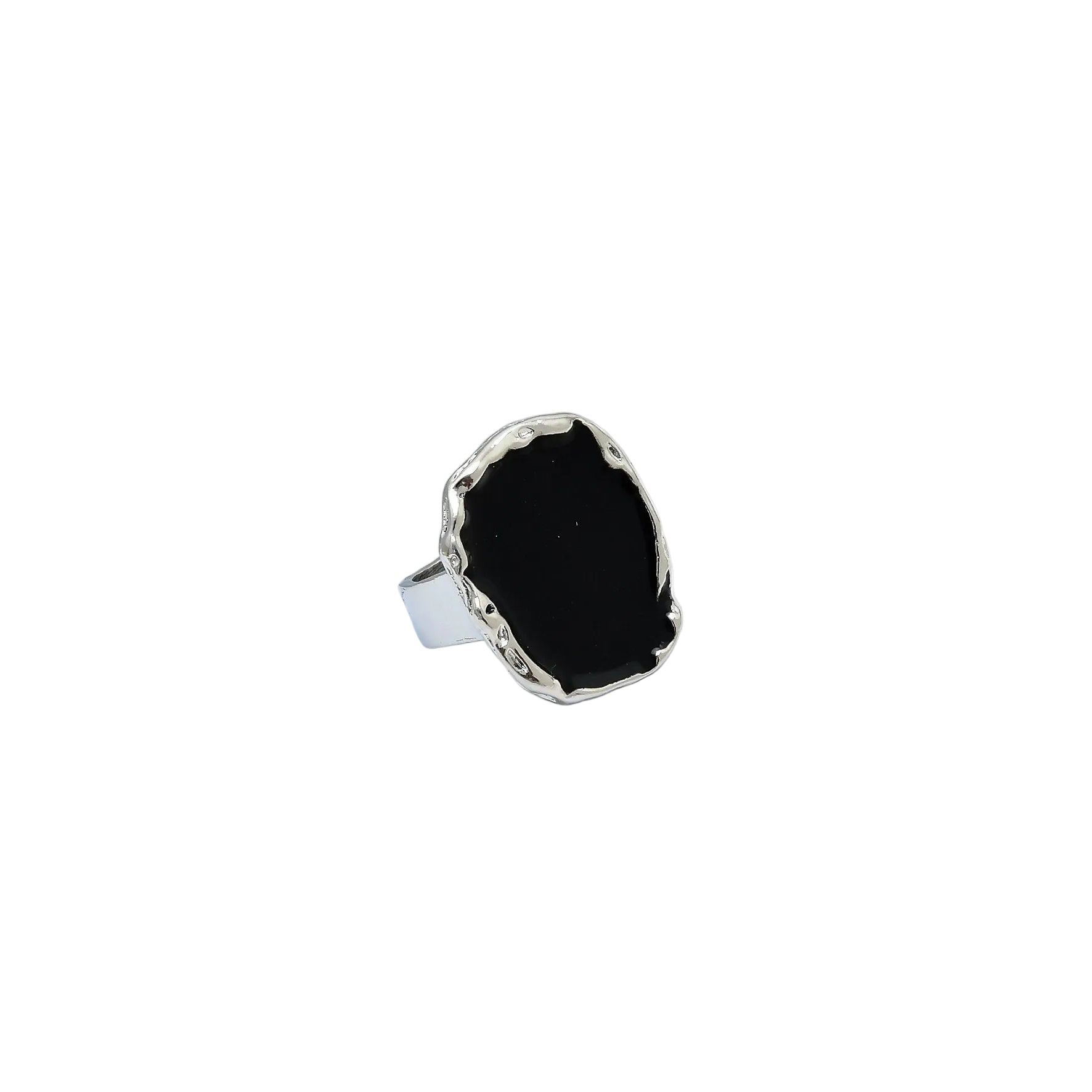     Black enamel statement ring with sculptural silver-tone organic frame on white display.