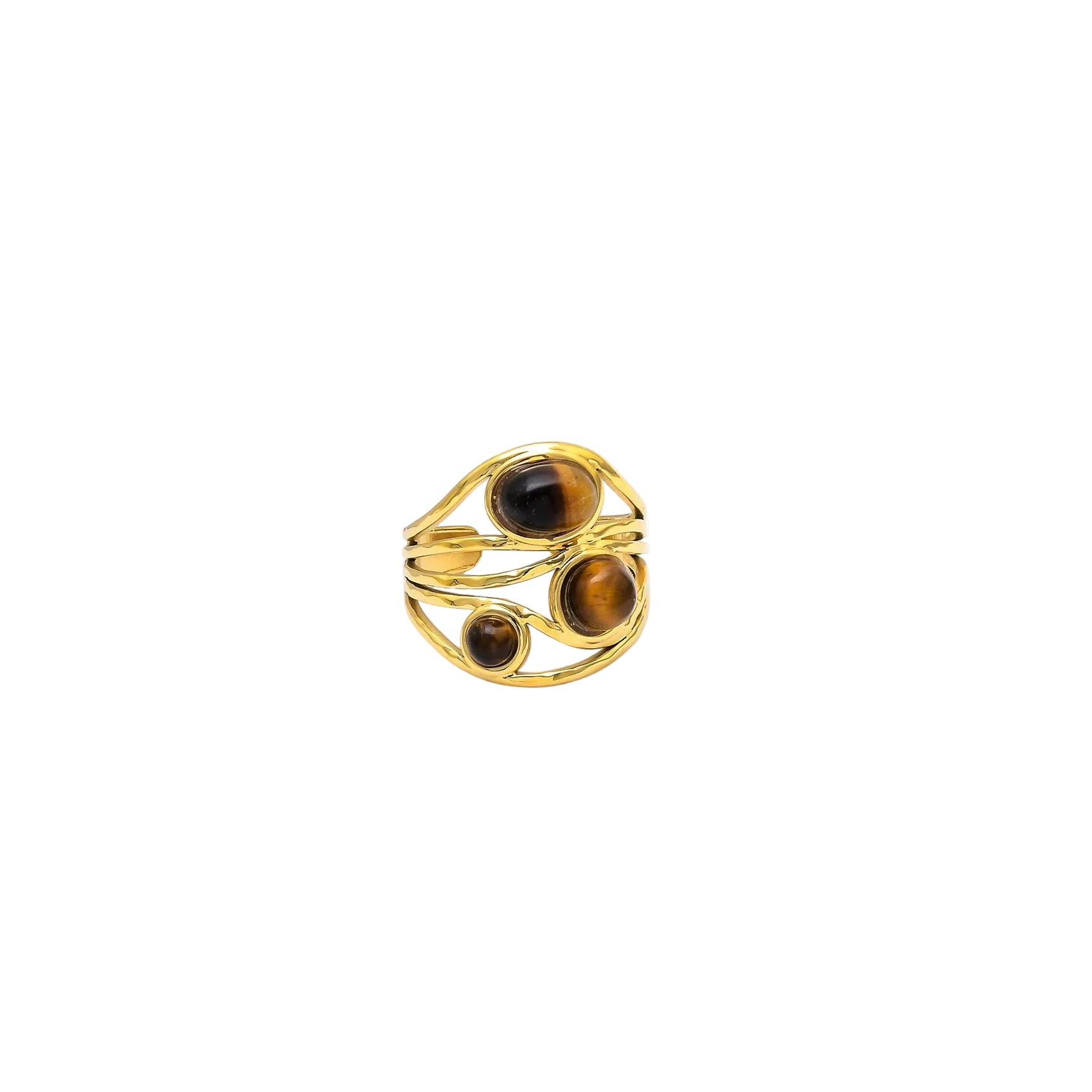     18K gold plated stainless steel ring featuring three natural tiger eye stones.