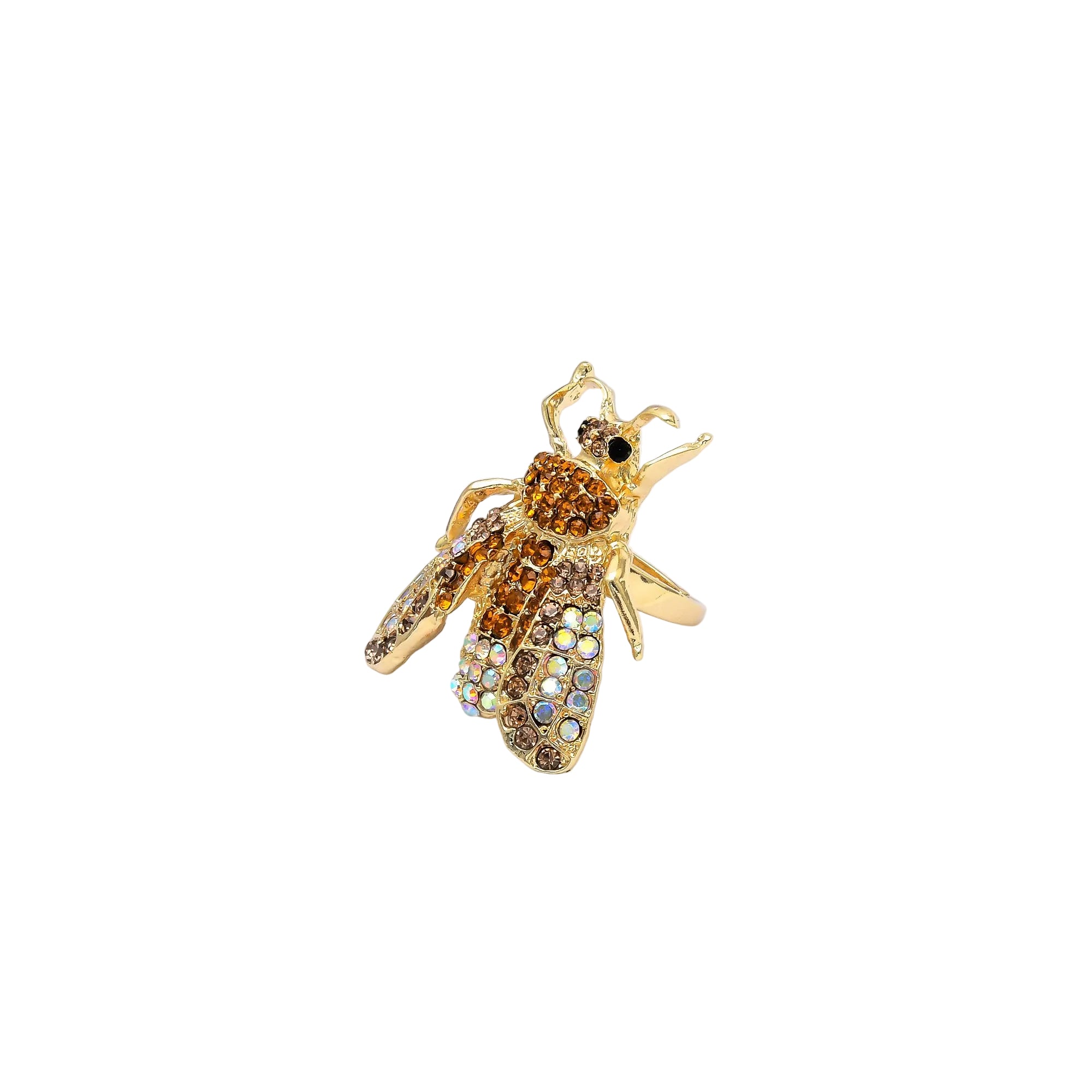     Gold bee adjustable ring featuring sparkling champagne rhinestones.