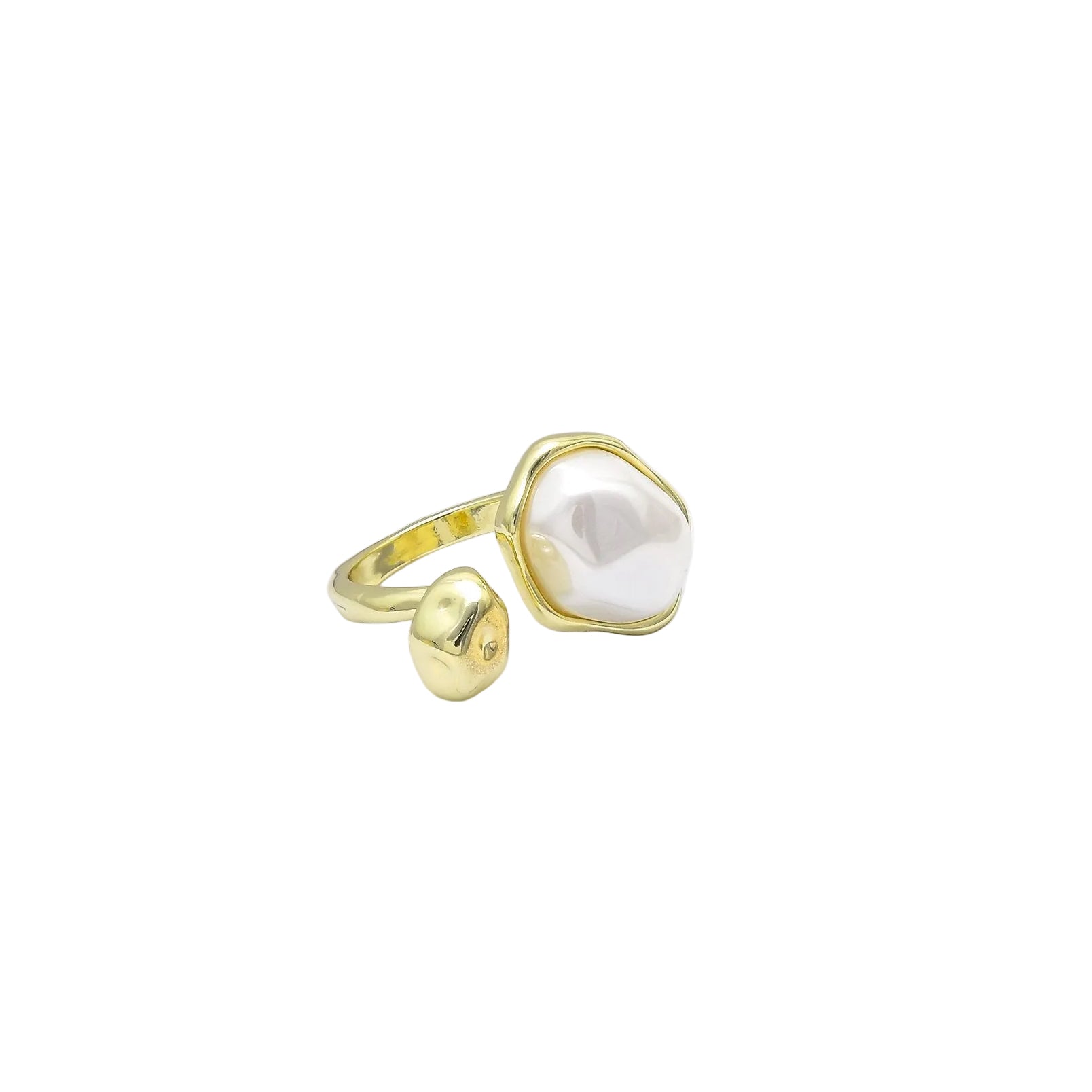     Organic pearl adjustable gold ring with sculptural brass design.