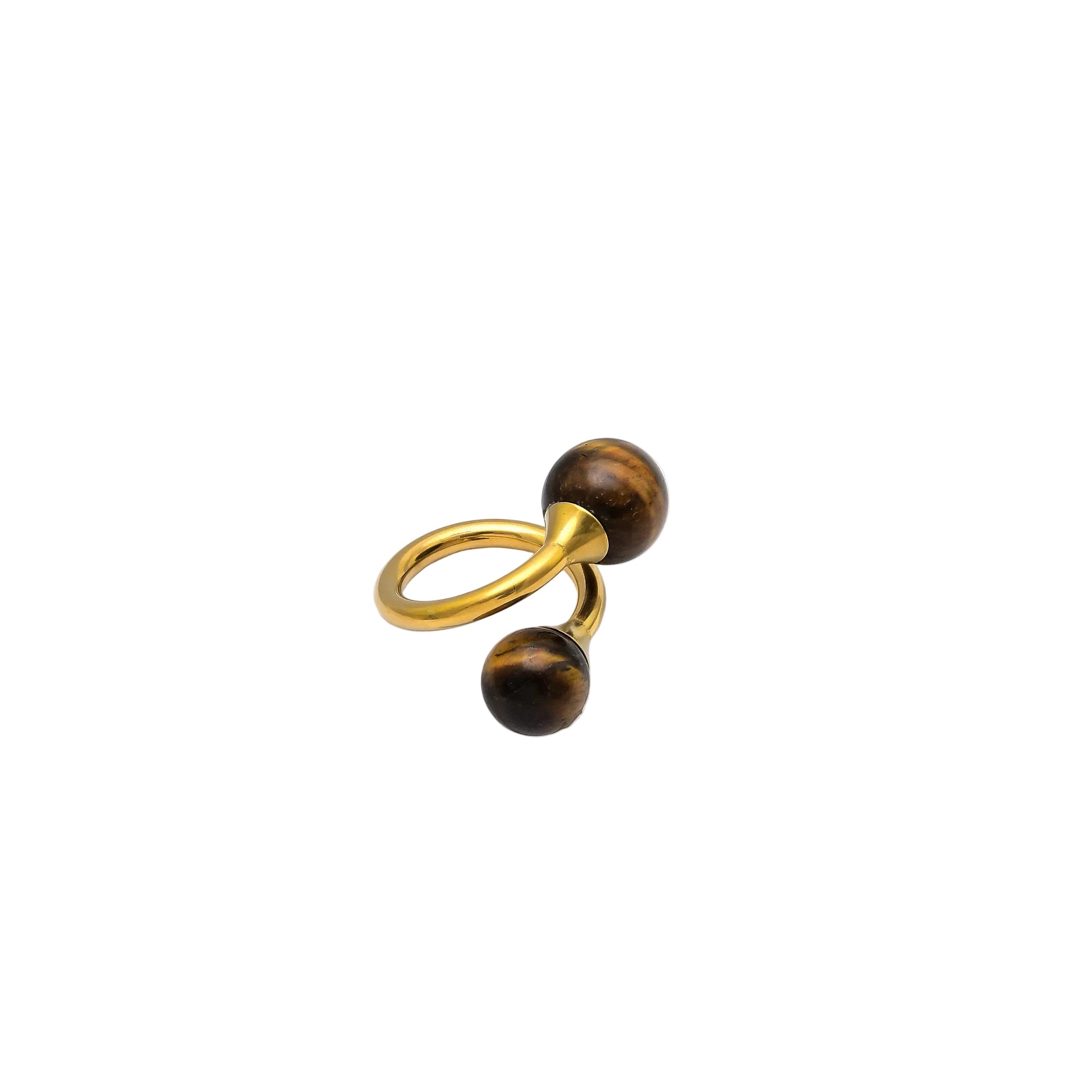     Gold stainless steel ring featuring polished tiger eye stone accents.