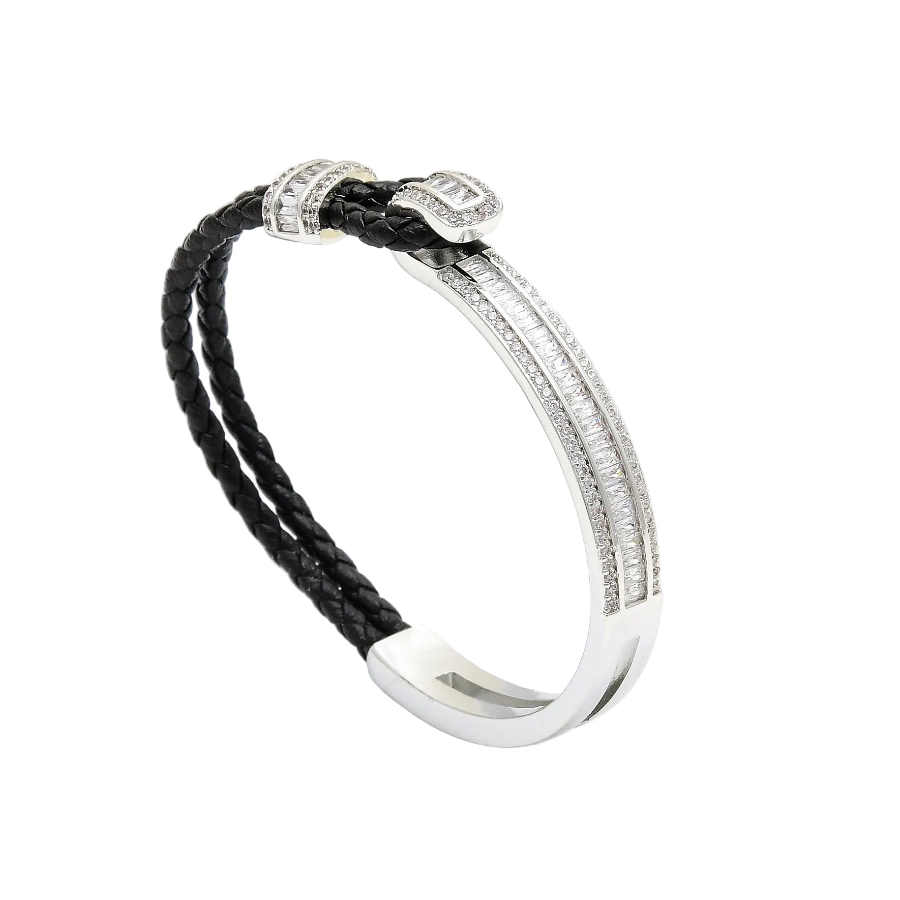 Silver bracelet with black cord on a white background