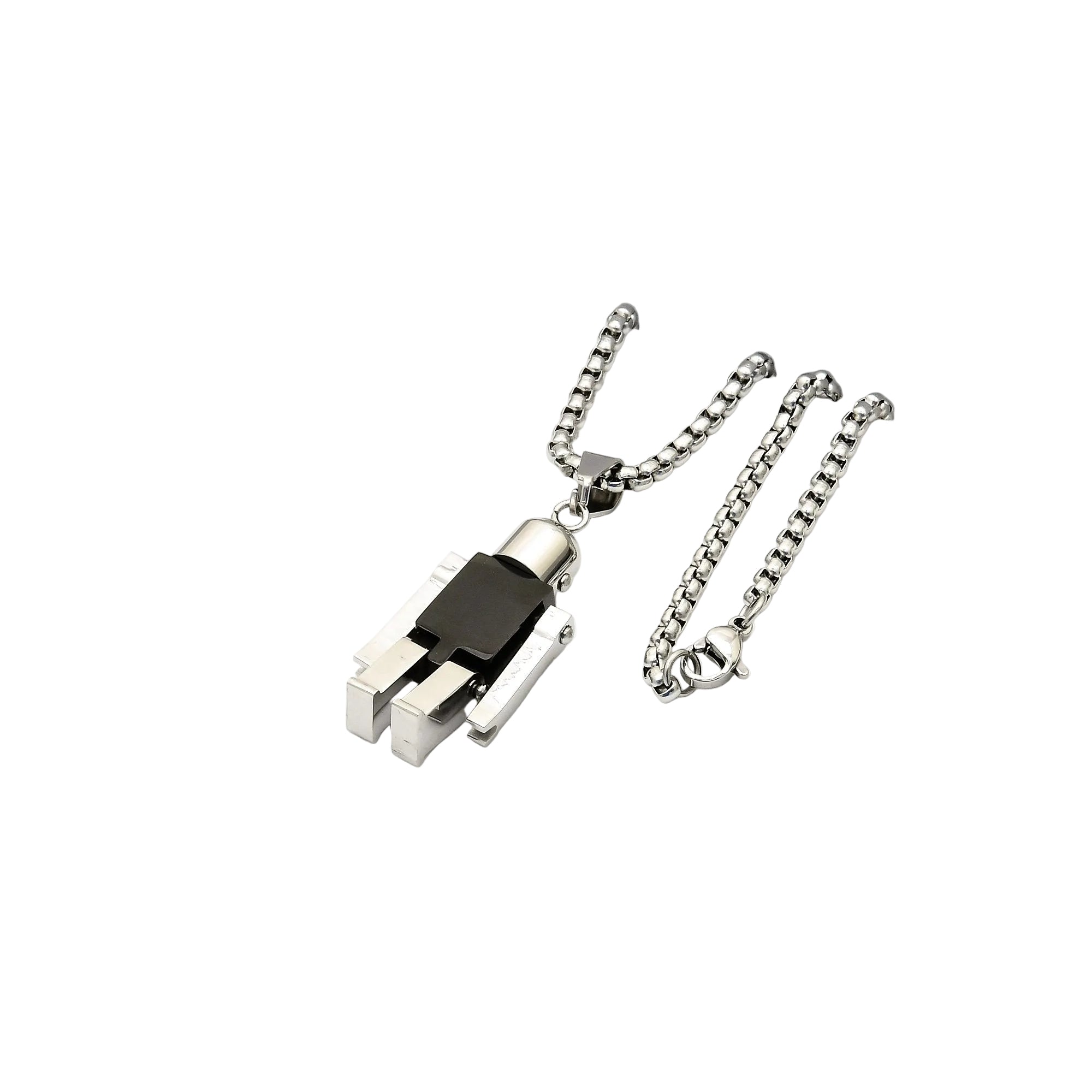 Necklace with a black and silver pendant on a white box