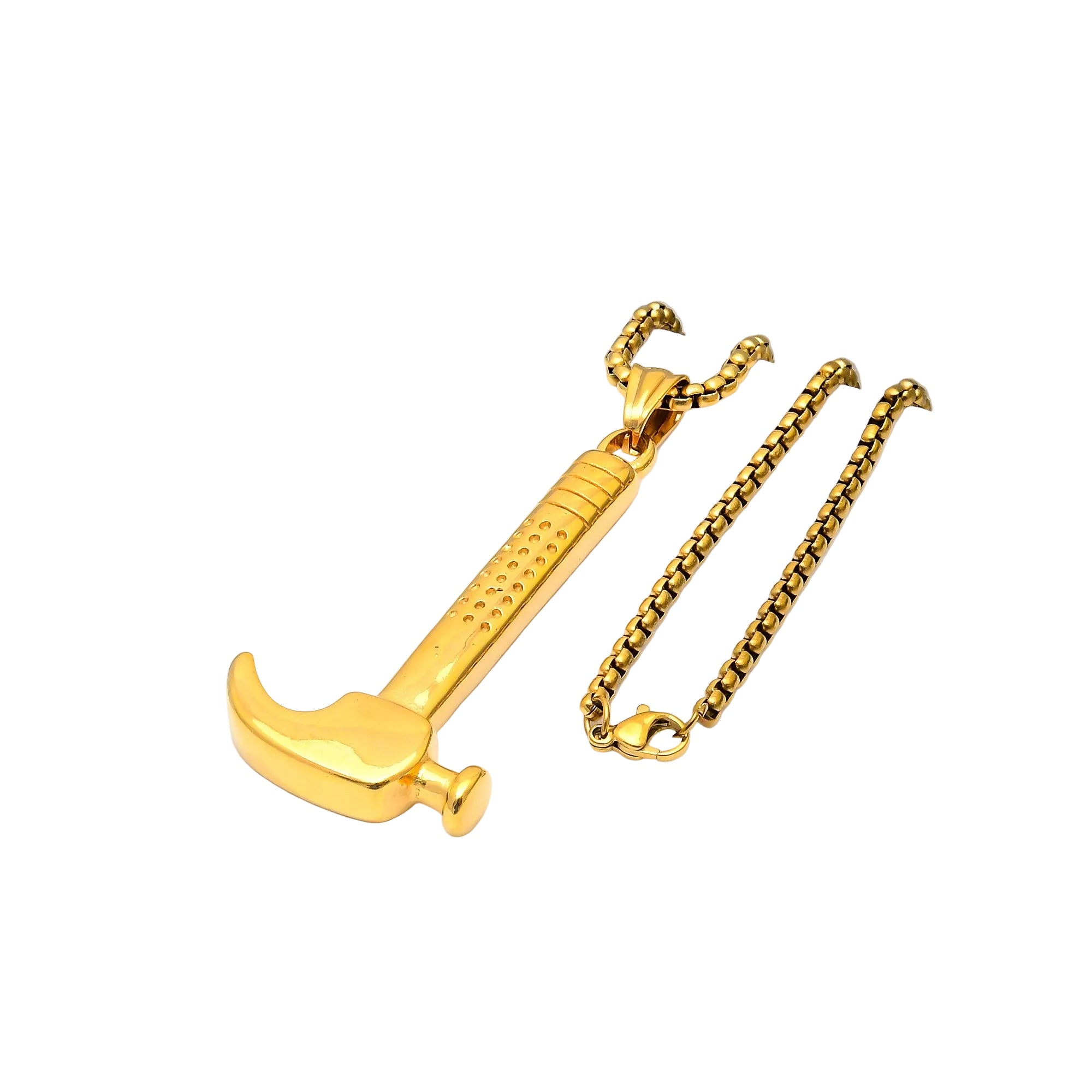 Gold tool-shaped pendant with chain on a white background