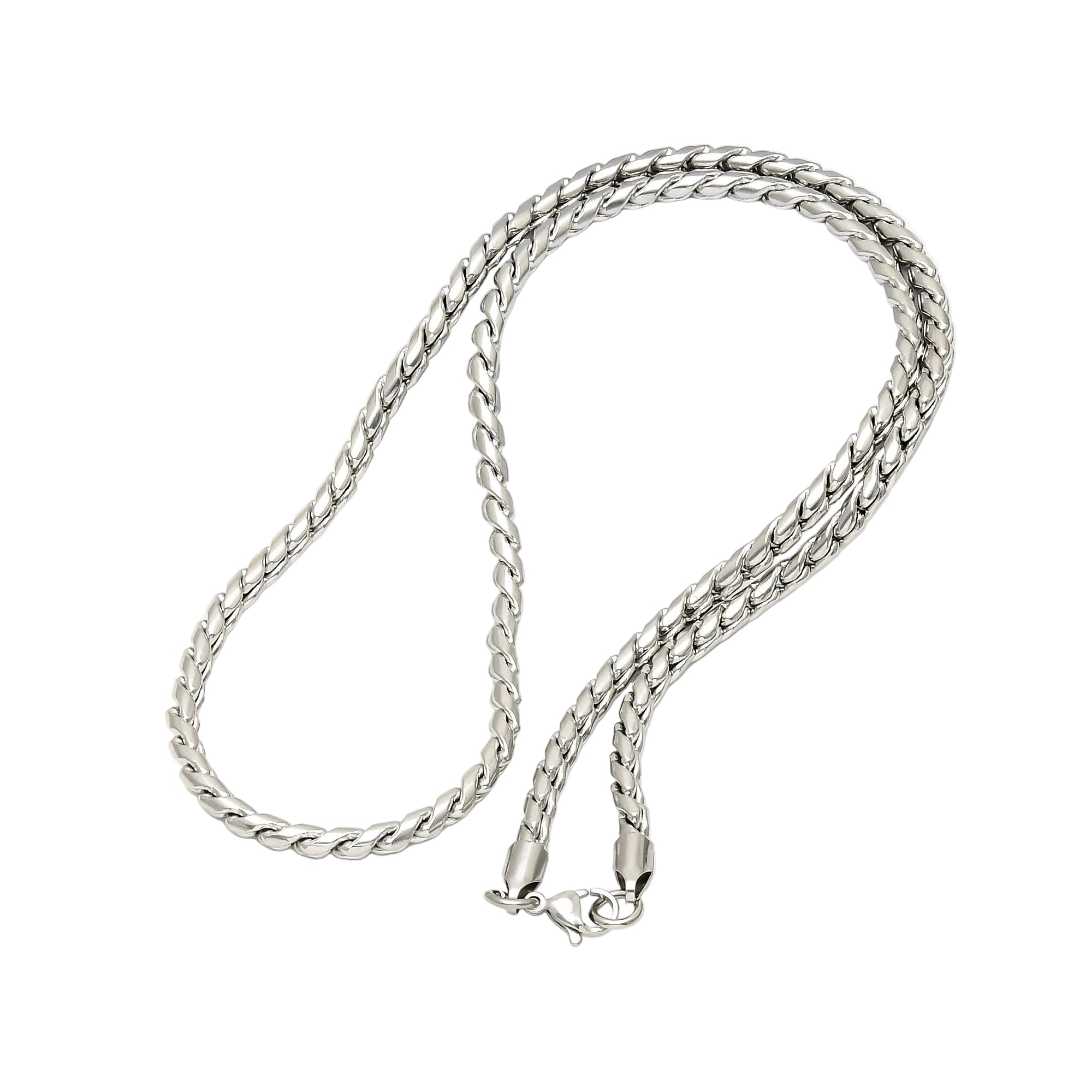 Silver chain necklace on a white background
