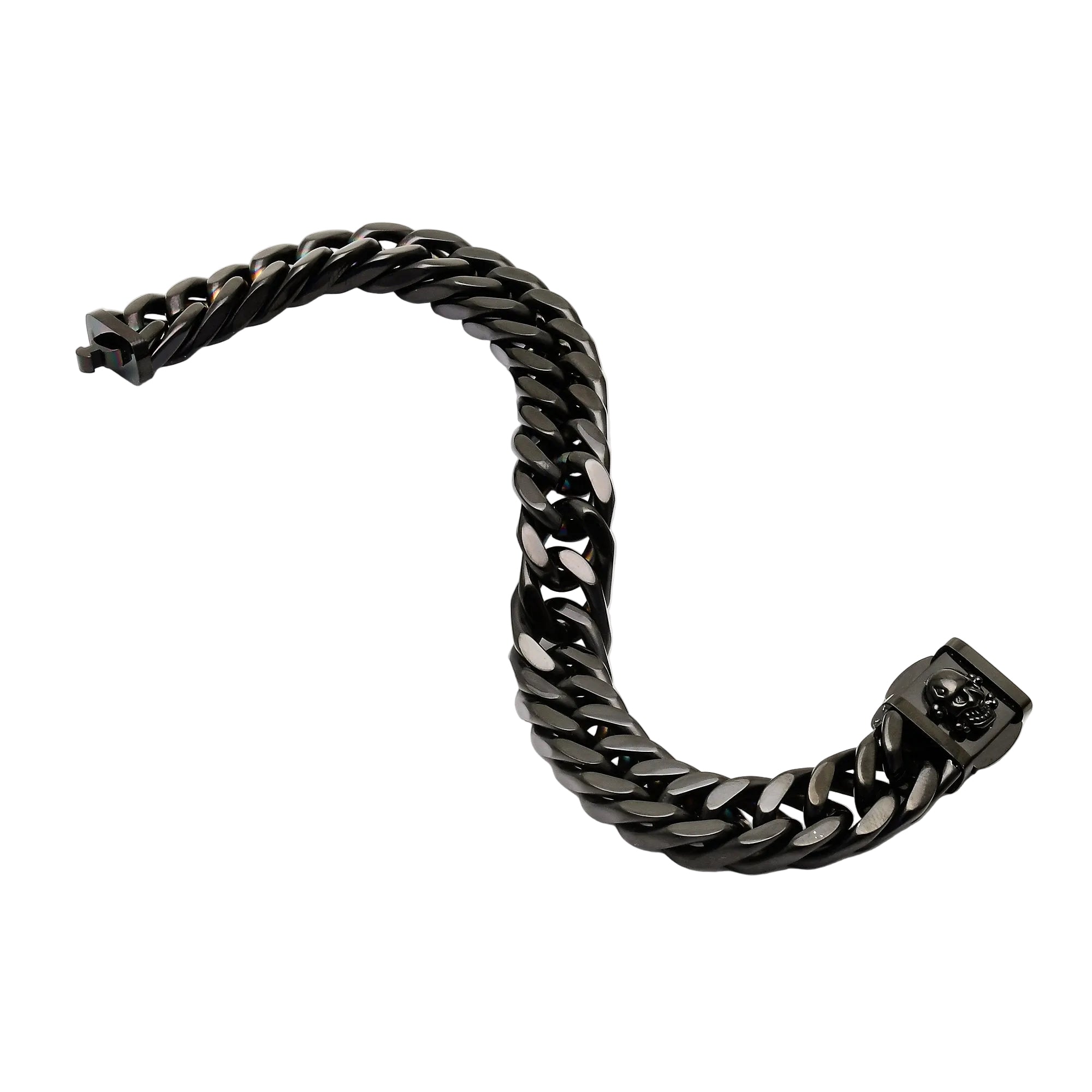 Black chain bracelet on a white geometric stand