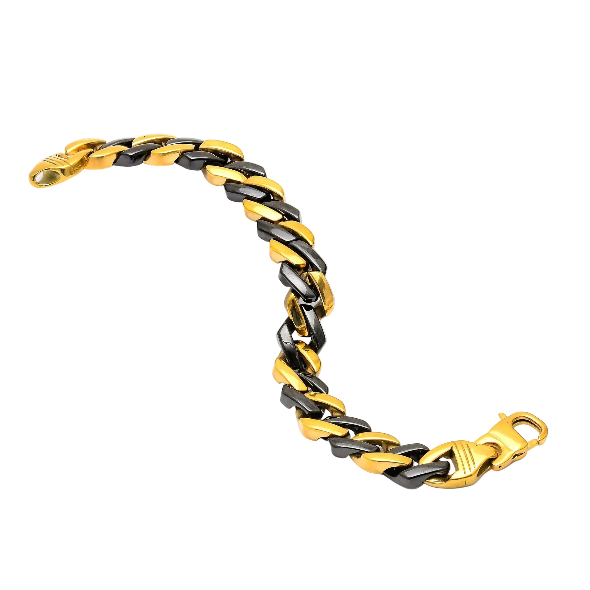 Gold and black chain bracelet on a white stand
