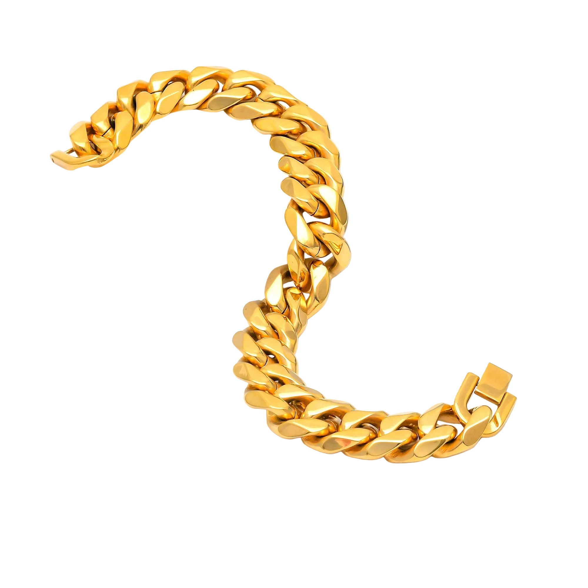Gold chain bracelet on a white geometric background