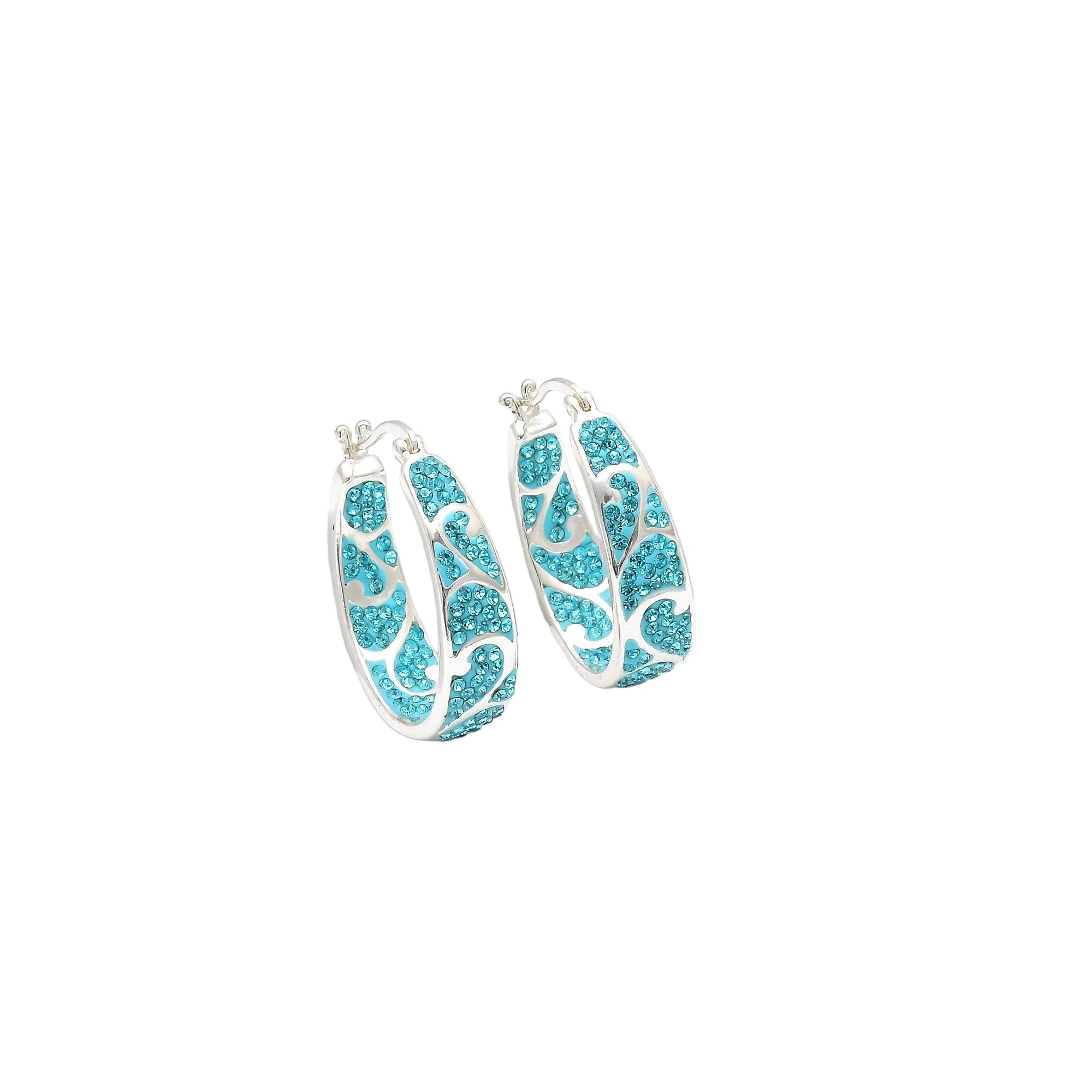 Signature Teal Swirl Hoops, a handcrafted silver-plated pair featuring intricate organic swirl channels filled with vibrant teal crystals