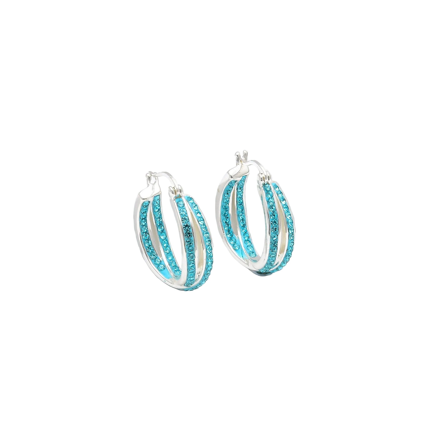 Cyan Glace hoop earrings featuring a dual-band split design with vibrant blue crystals in a silver setting