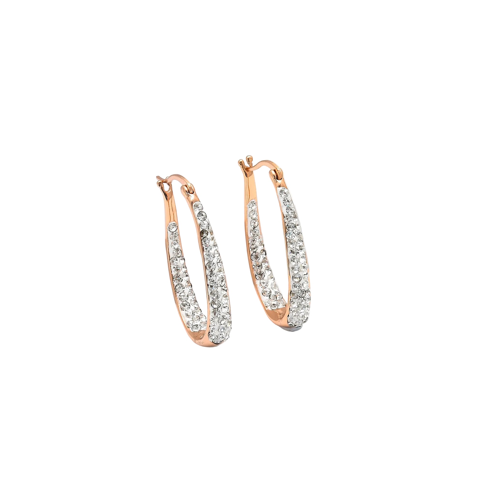 Rose gold crystal hoop earrings with clear crystal detailing