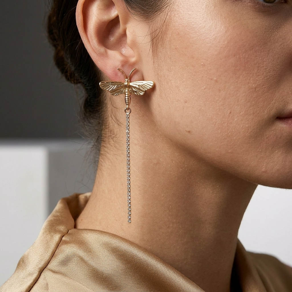 Model wearing a single gold Chrysalis butterfly linear earring showcasing its shoulder-dusting length