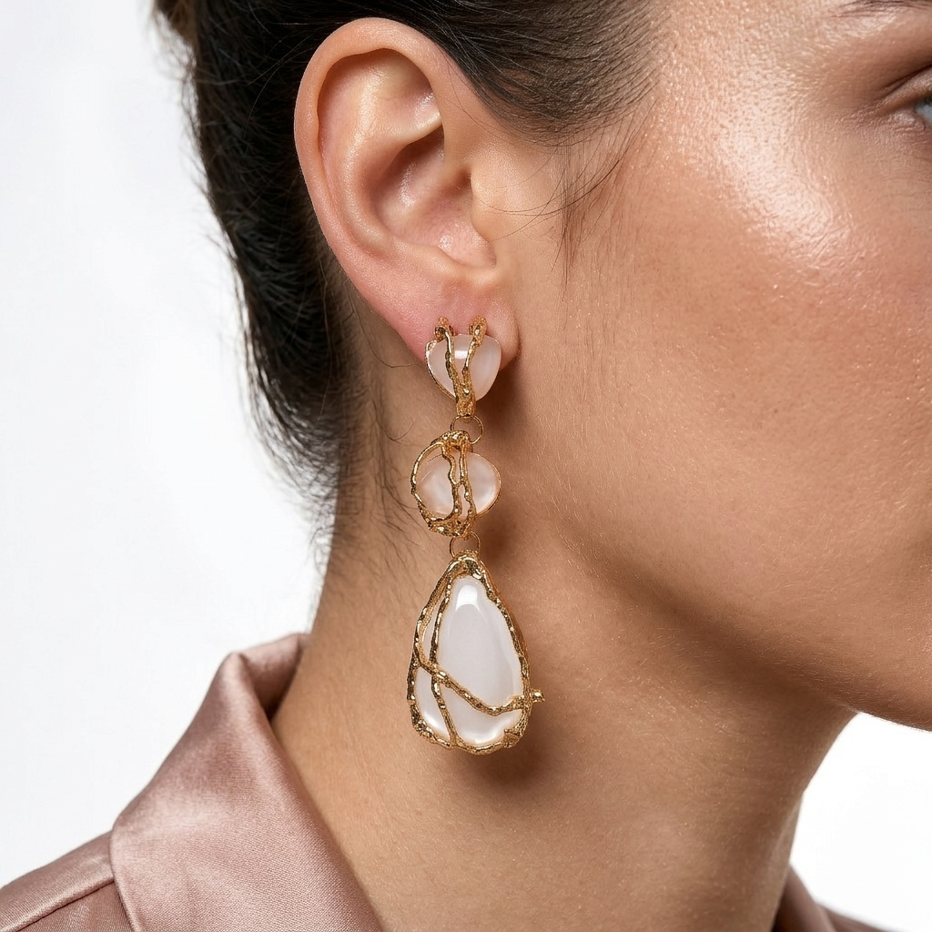 Model wearing the tiered gold Ivory Vine drop earrings to showcase length and drape