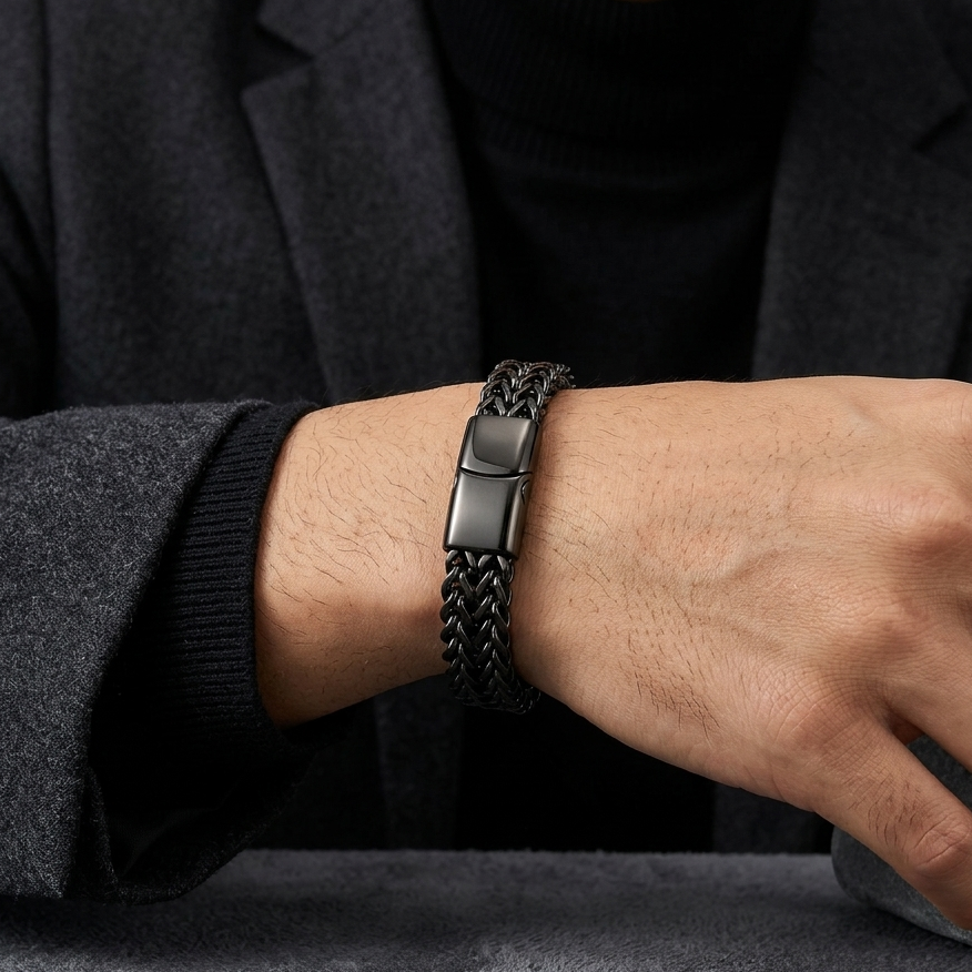Black chain bracelet on a wrist with a dark background