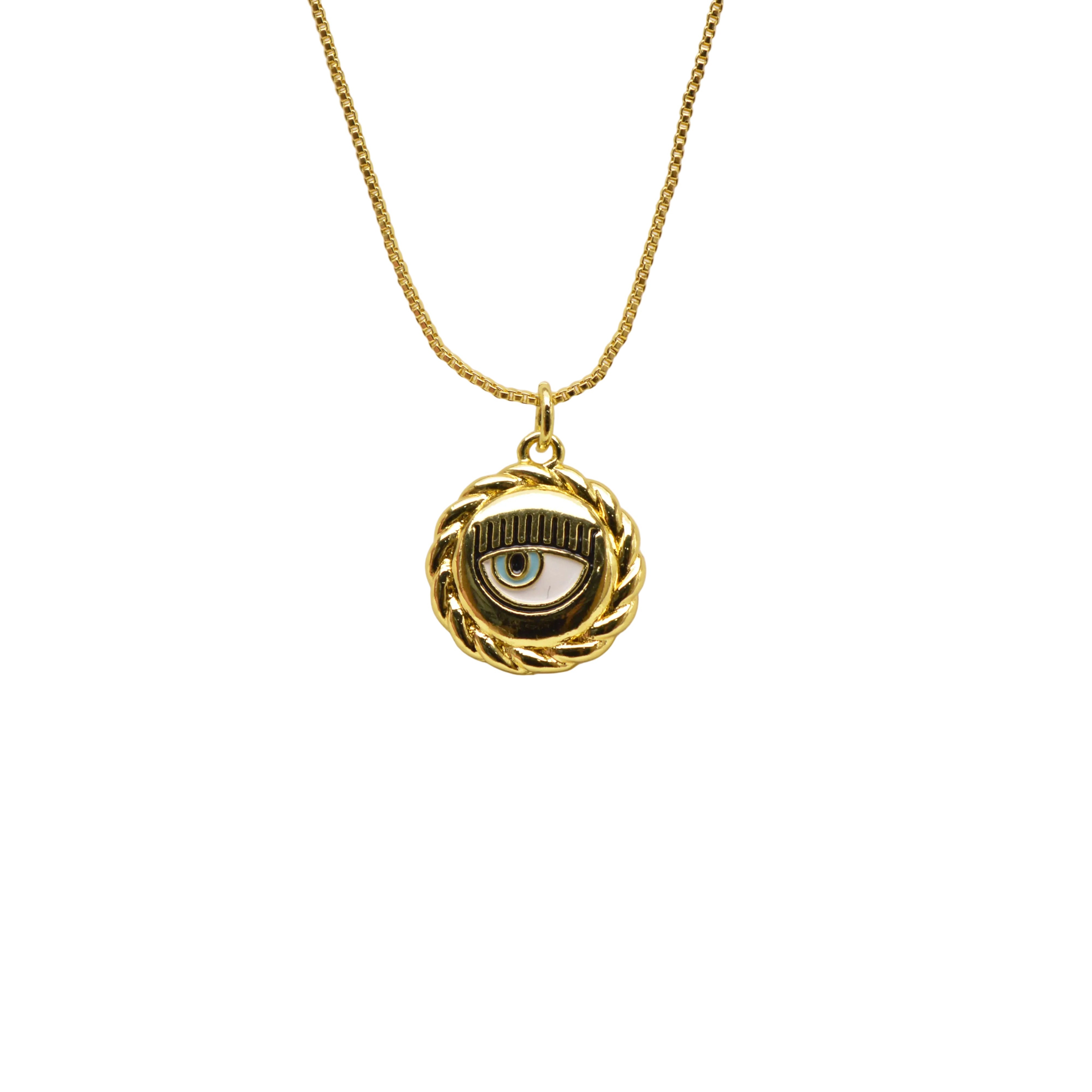 Gold-tone evil eye pendant necklace with twisted rope frame and stainless steel chain