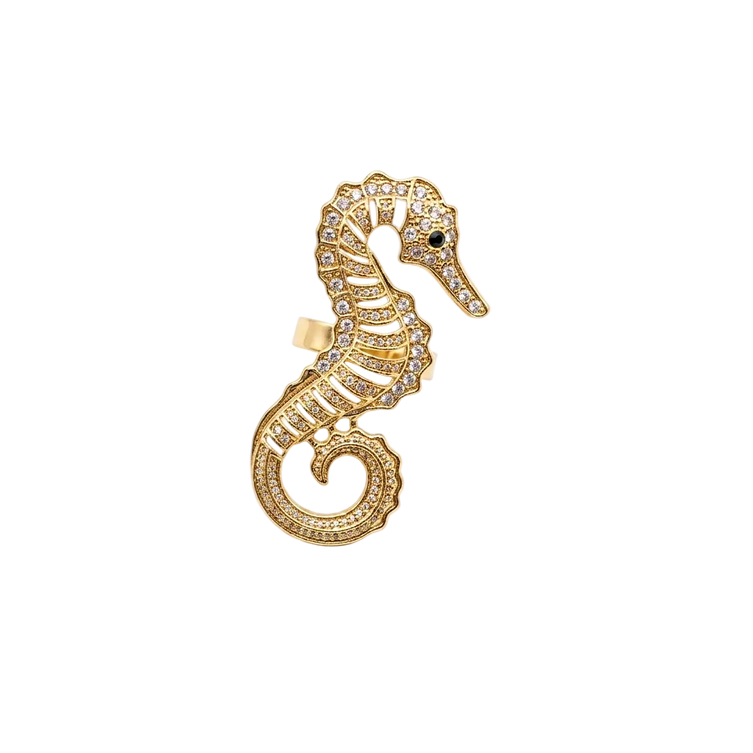 Gold-tone seahorse statement ring with rhinestone detailing