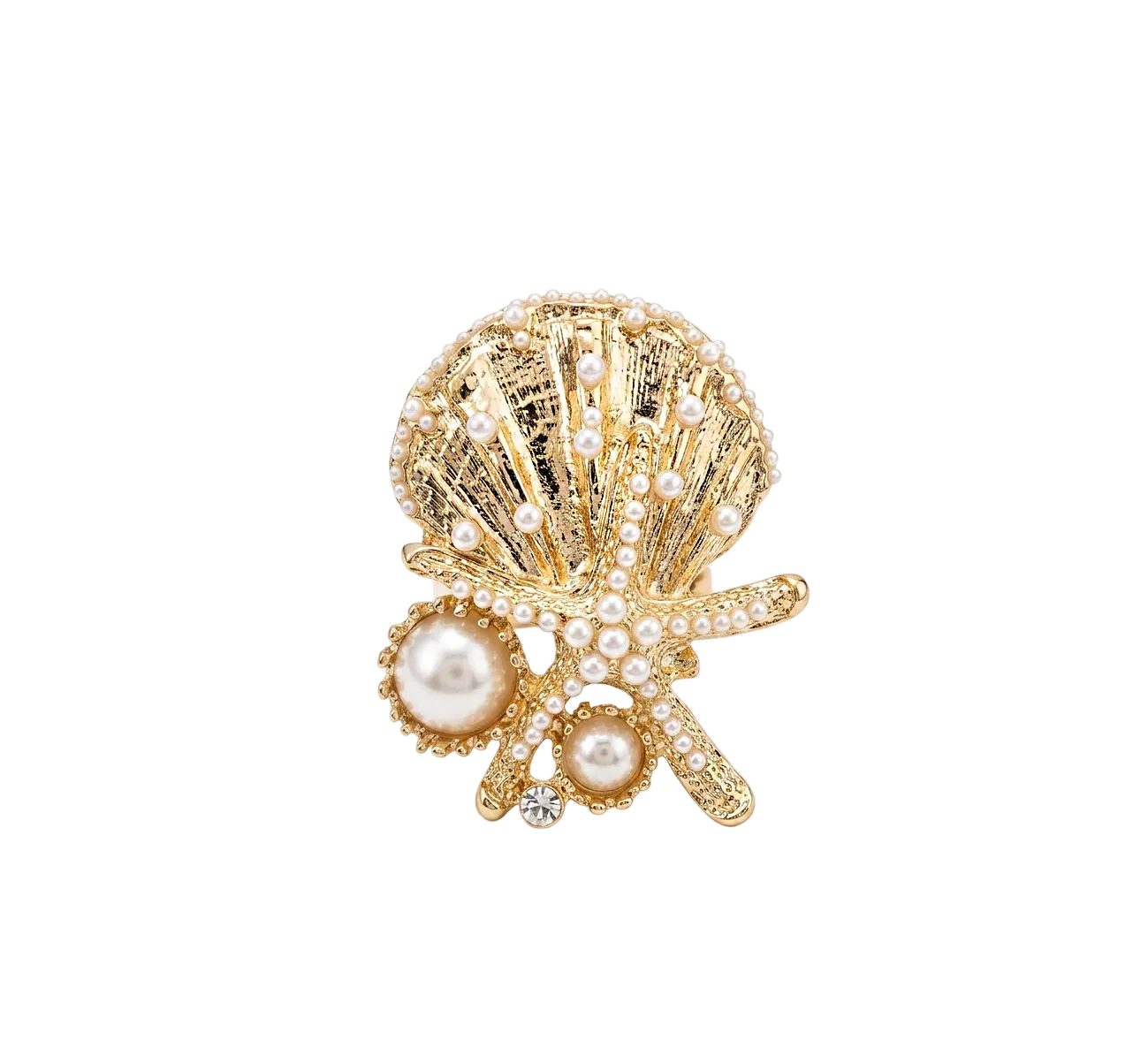 Gold-tone shell statement ring with pearl and starfish detailing