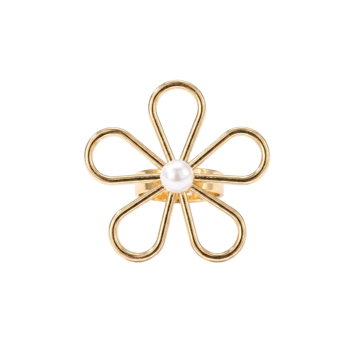     Gold flower statement ring featuring an open floral design with a faux pearl center.