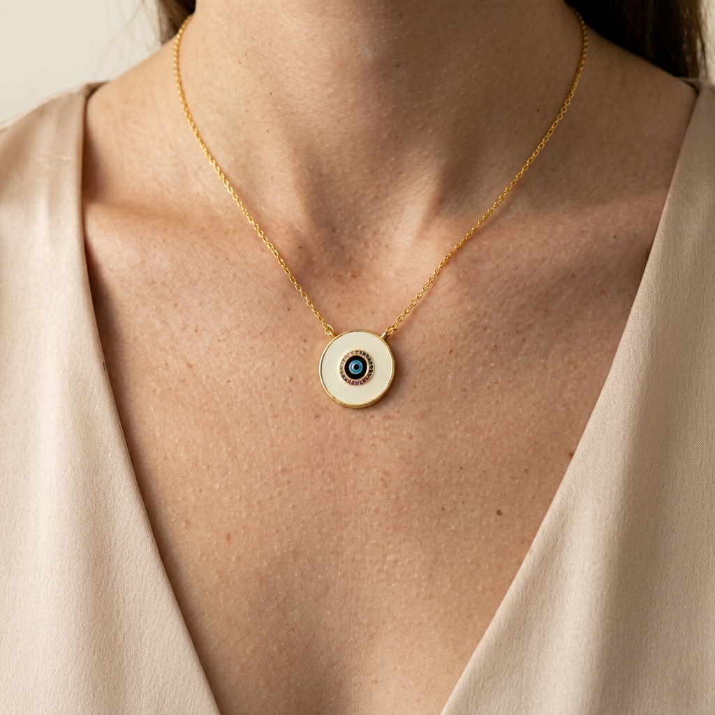 Gold tone evil eye pendant necklace with colorful stones