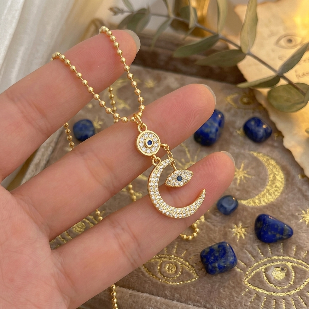 A gold-toned necklace with a crescent moon and evil eye pendant is held in a person's hand. The necklace features a small round evil eye charm and a larger crescent moon pendant with a matching evil eye detail, both adorned with clear rhinestones.

Gold tone moon pendant necklace for everyday layering.
