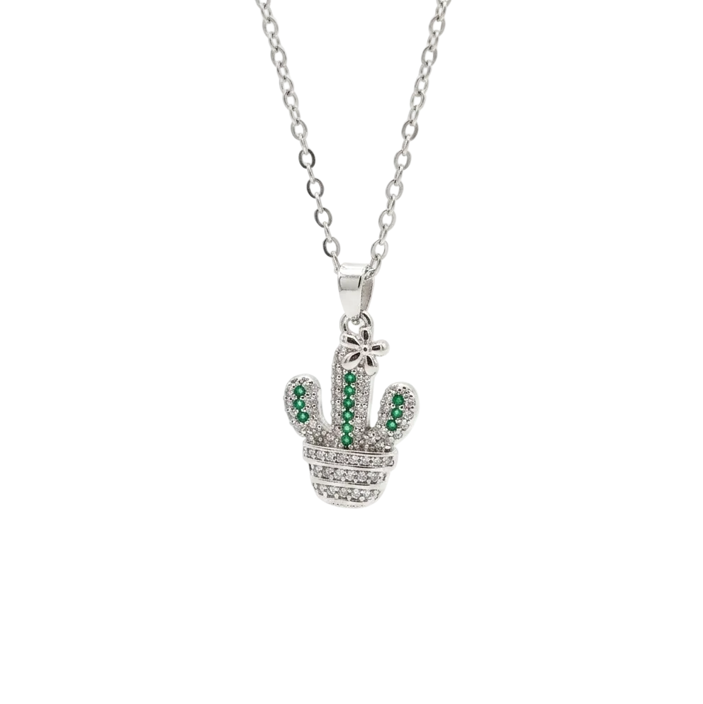 Green cactus pendant necklace with micro pave zircon detailing on silver chain by Civaro
