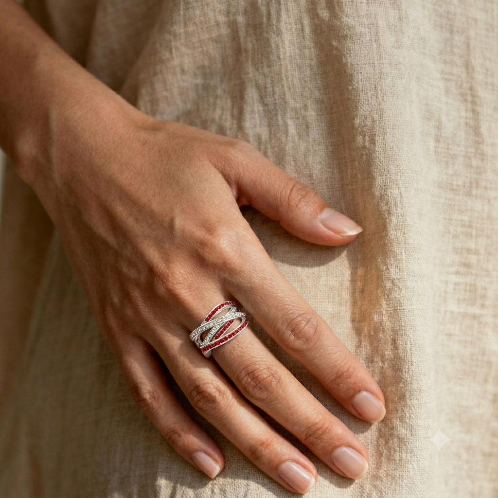 Hand wearing the handcrafted Signature Crimson Crossover ring, showcasing the fluid crisscross band and the high-contrast brilliance of the crimson and clear crystals.