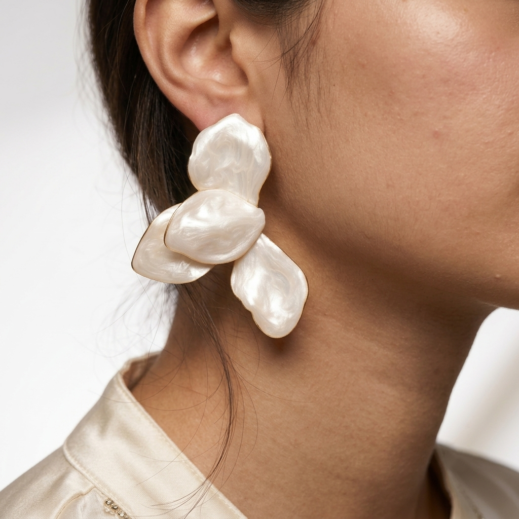 Handcrafted white enamel flower earrings featuring a mother-of-pearl-inspired finish.
