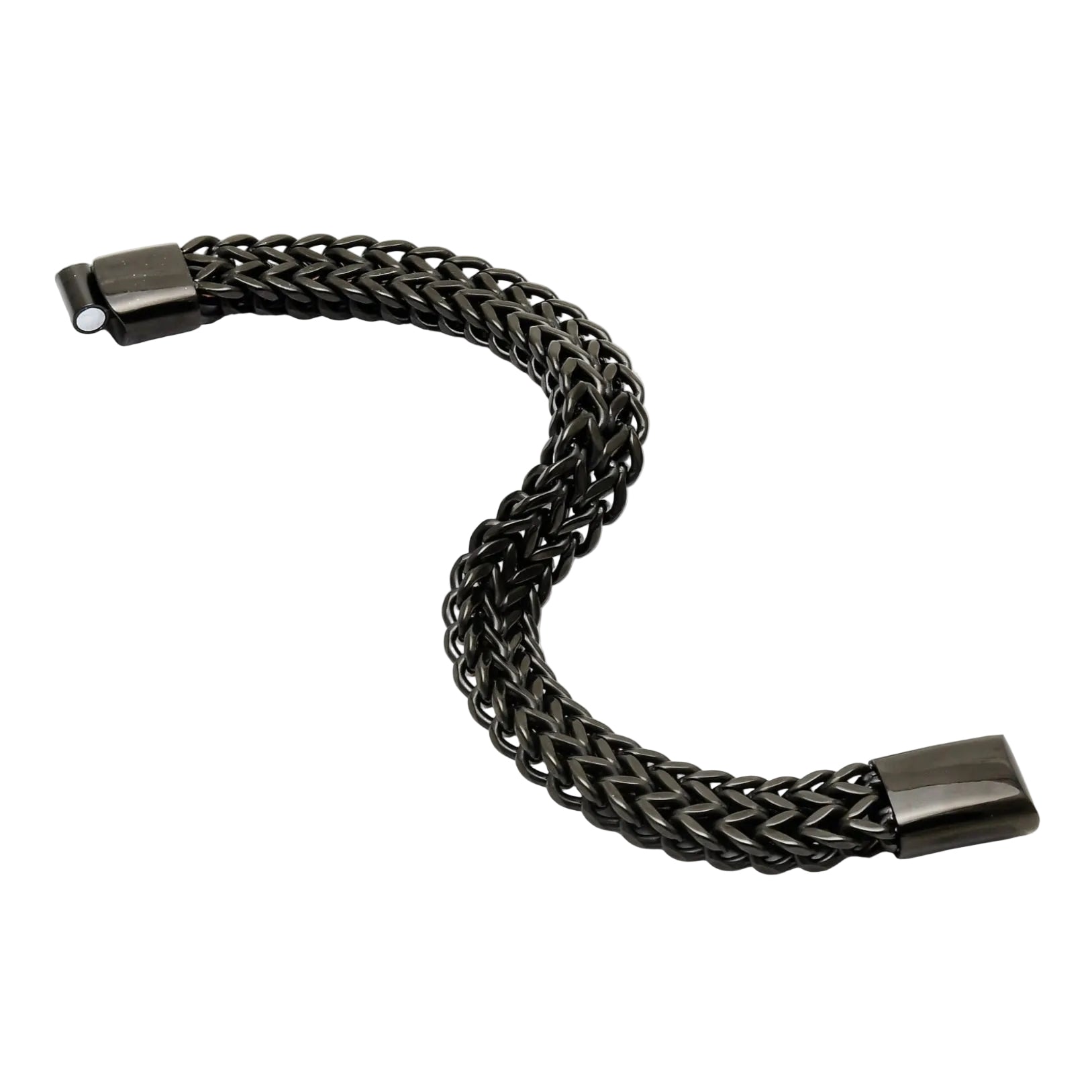 Black braided bracelet on a white geometric background