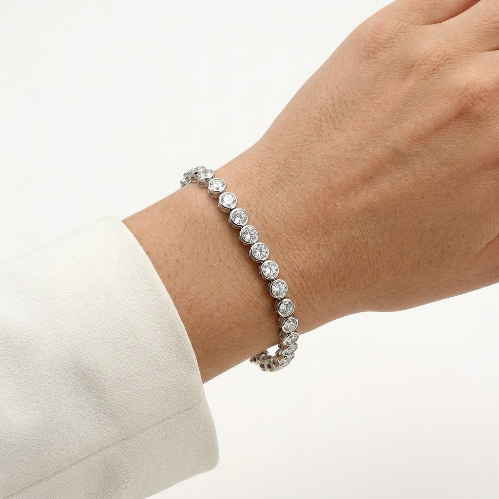 Minimal unisex rhodium plated tennis bracelet in silver finish