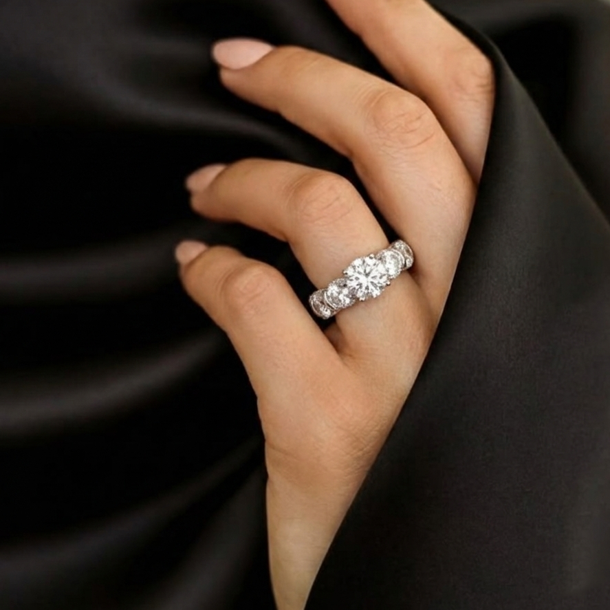 Model wearing 925 sterling silver solitaire CZ ring