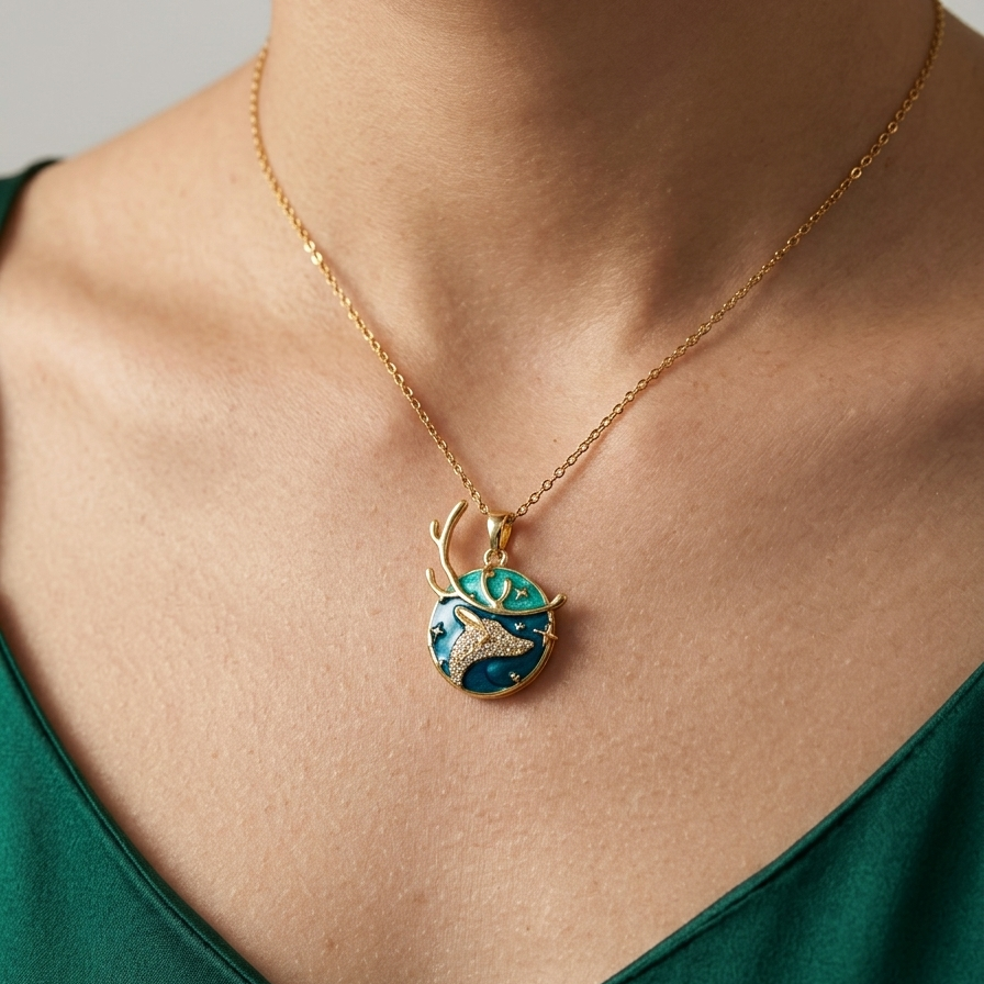 Model wearing Celestial Fawn Pendant to showcase its artistic scale and vibrant color against the neckline