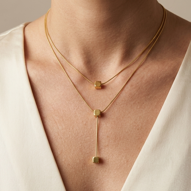 Model wearing Cube Stack Pendant to showcase its architectural scale and elegant drape against the neckline