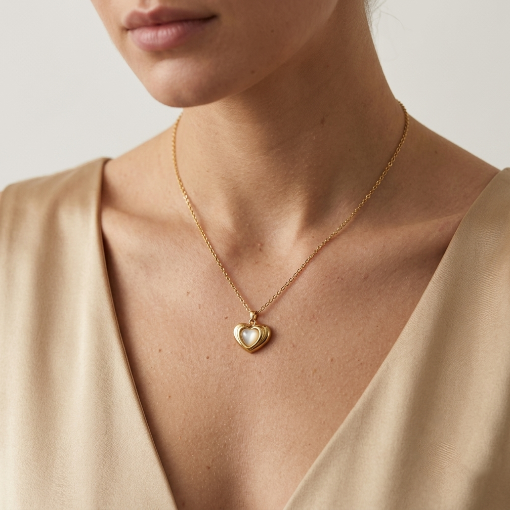 Model wearing Dimensional Heart Pendant to showcase its elegant, multi-dimensional scale against the neckline