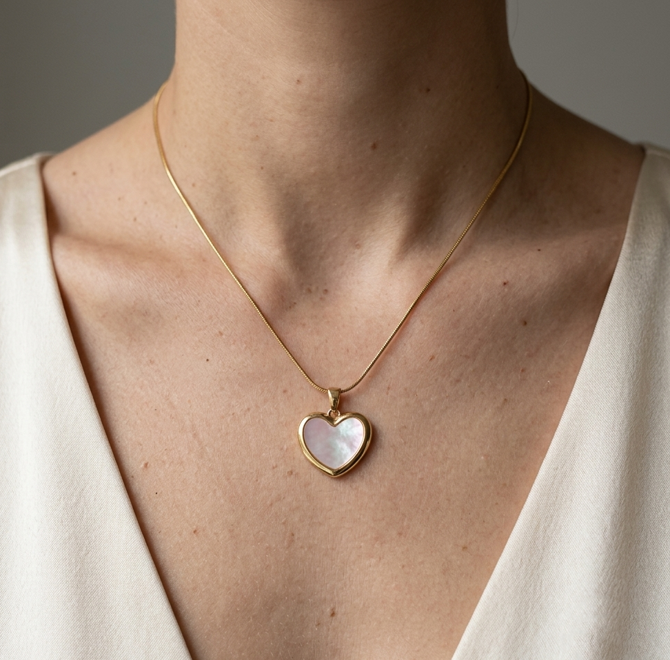 Model wearing Minimalist Heart Pendant to showcase its clean, elegant silhouette against the neckline