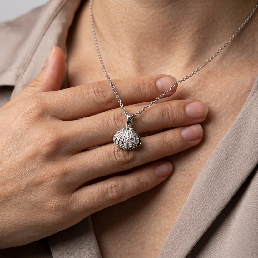 Model wearing pearl shell pendant necklace