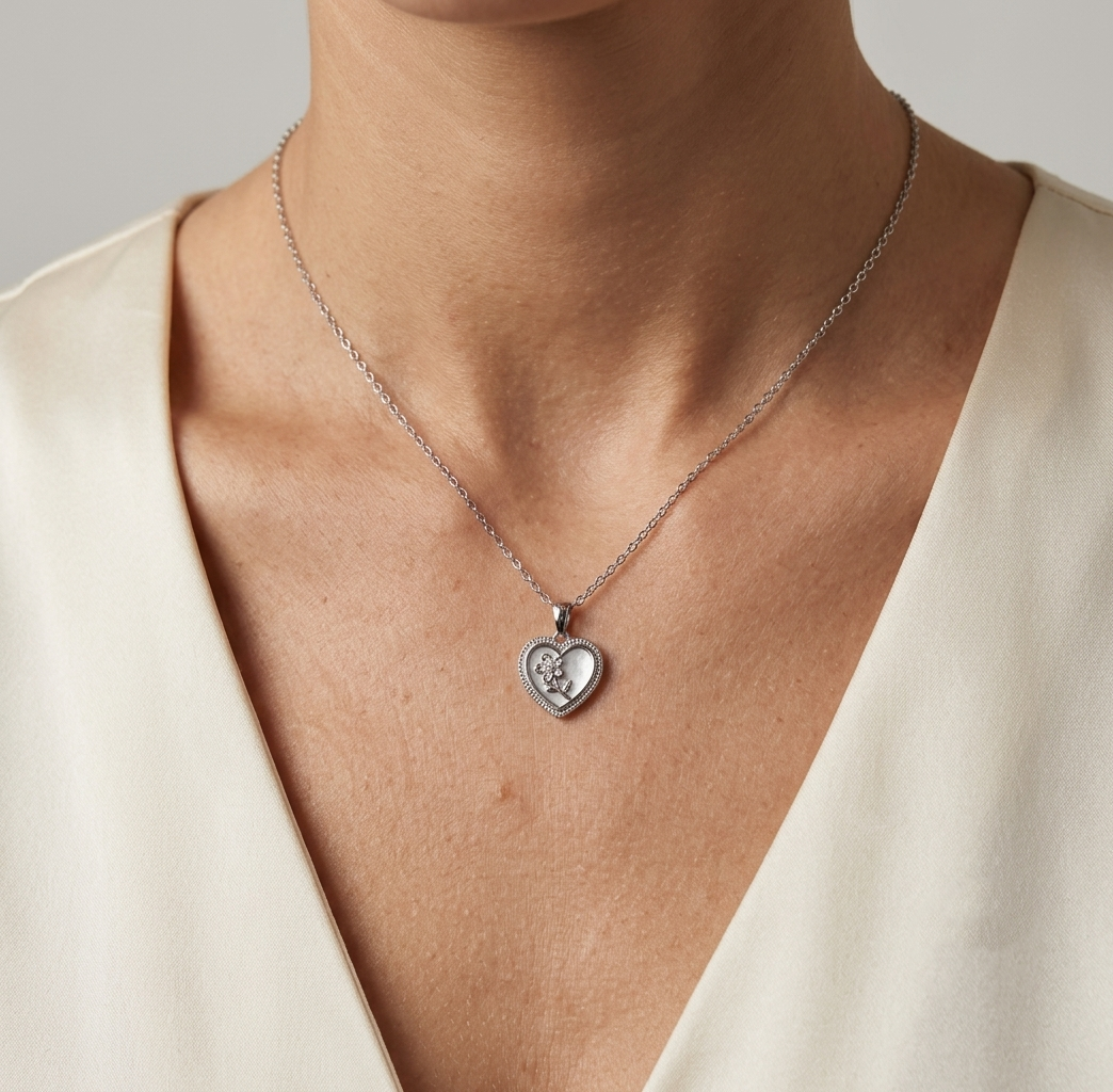 Model wearing the Floral Heart Pendant to showcase its graceful scale and shimmer against the neckline