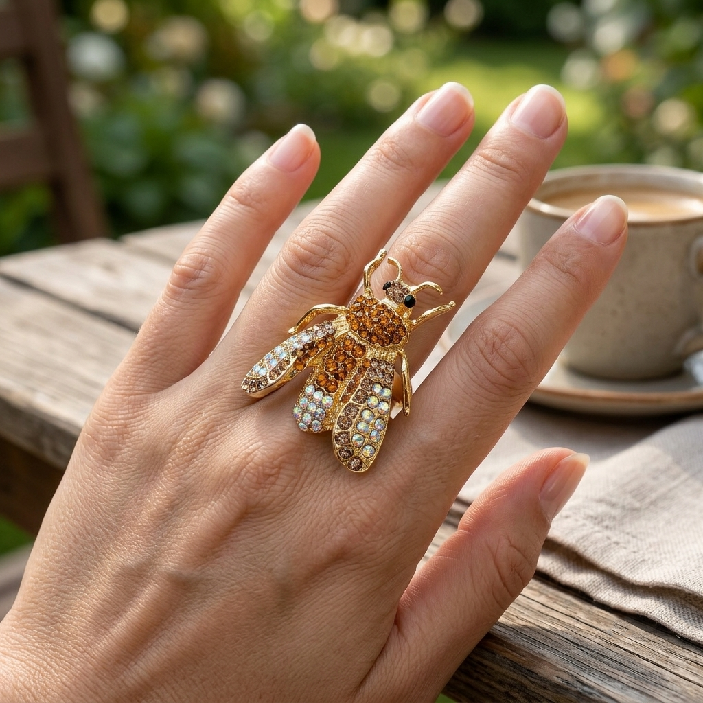     Nature-inspired statement ring with crystal bee design.