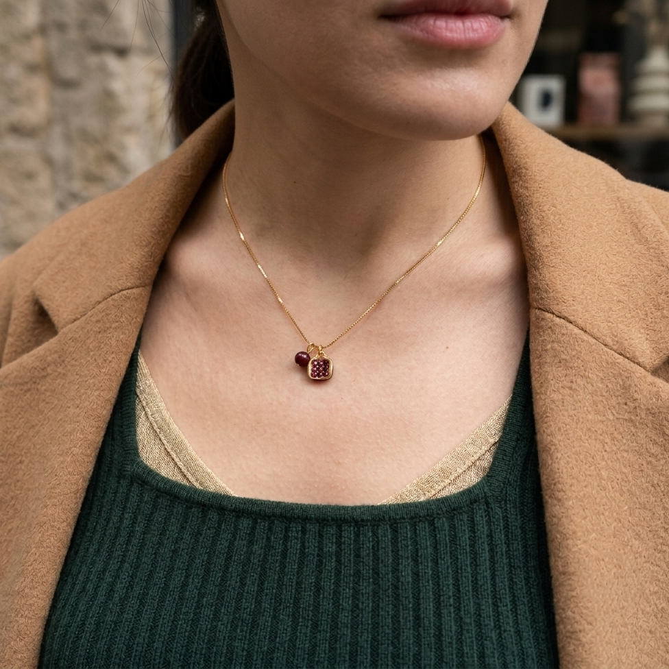 Pomegranate pendant necklace with red synthetic stones on a gold tone chain for women.
