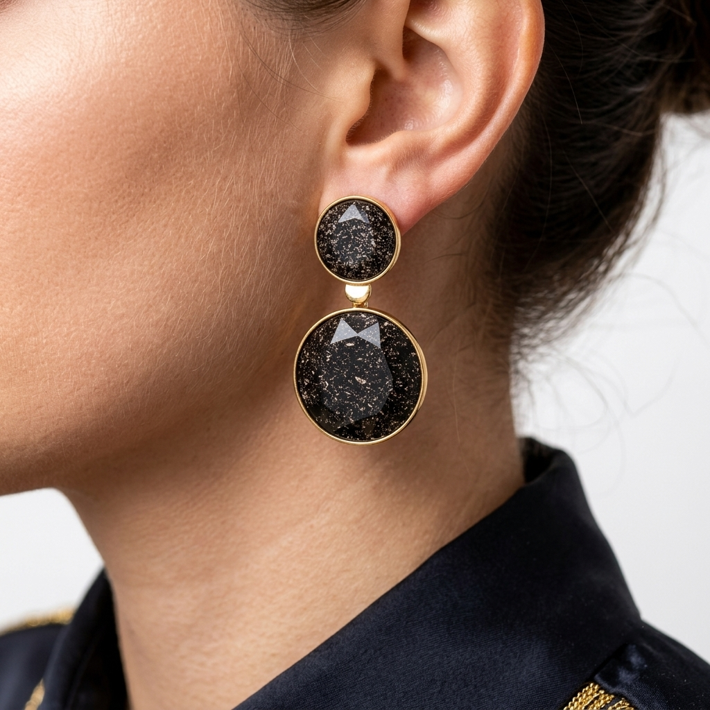A close-up of a model wearing a pair of double drop earrings with round black glittery stones in gold settings. Women's black geometric earrings with double-disc detailing and an 18K gold tone finish by Civaro.
