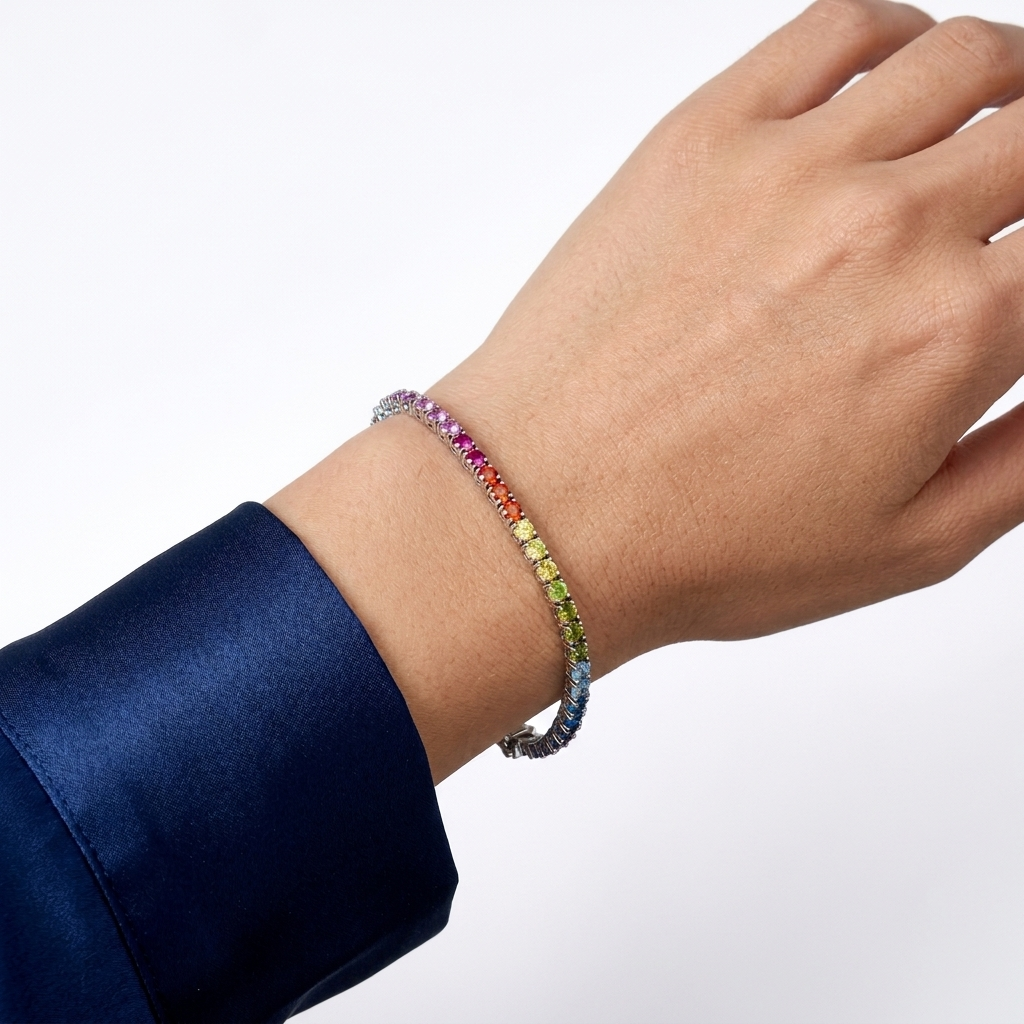     Rainbow CZ tennis bracelet in silver with minimal luxury aesthetic