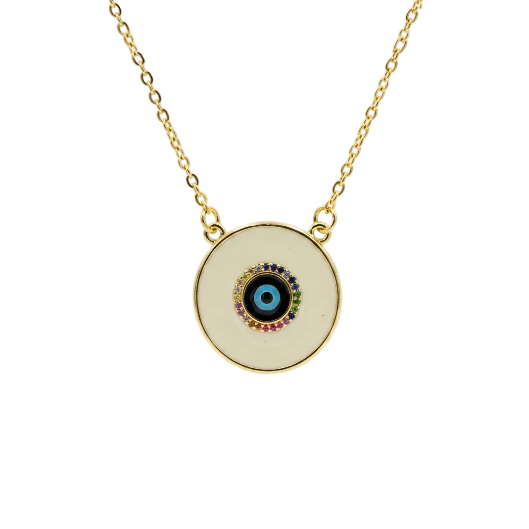 Rainbow evil eye pendant with multicolored stone detailing