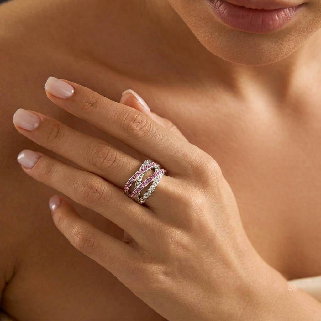Close-up of the handcrafted crossover architecture and precision hand-set pavé crystals on the Signature Pink band