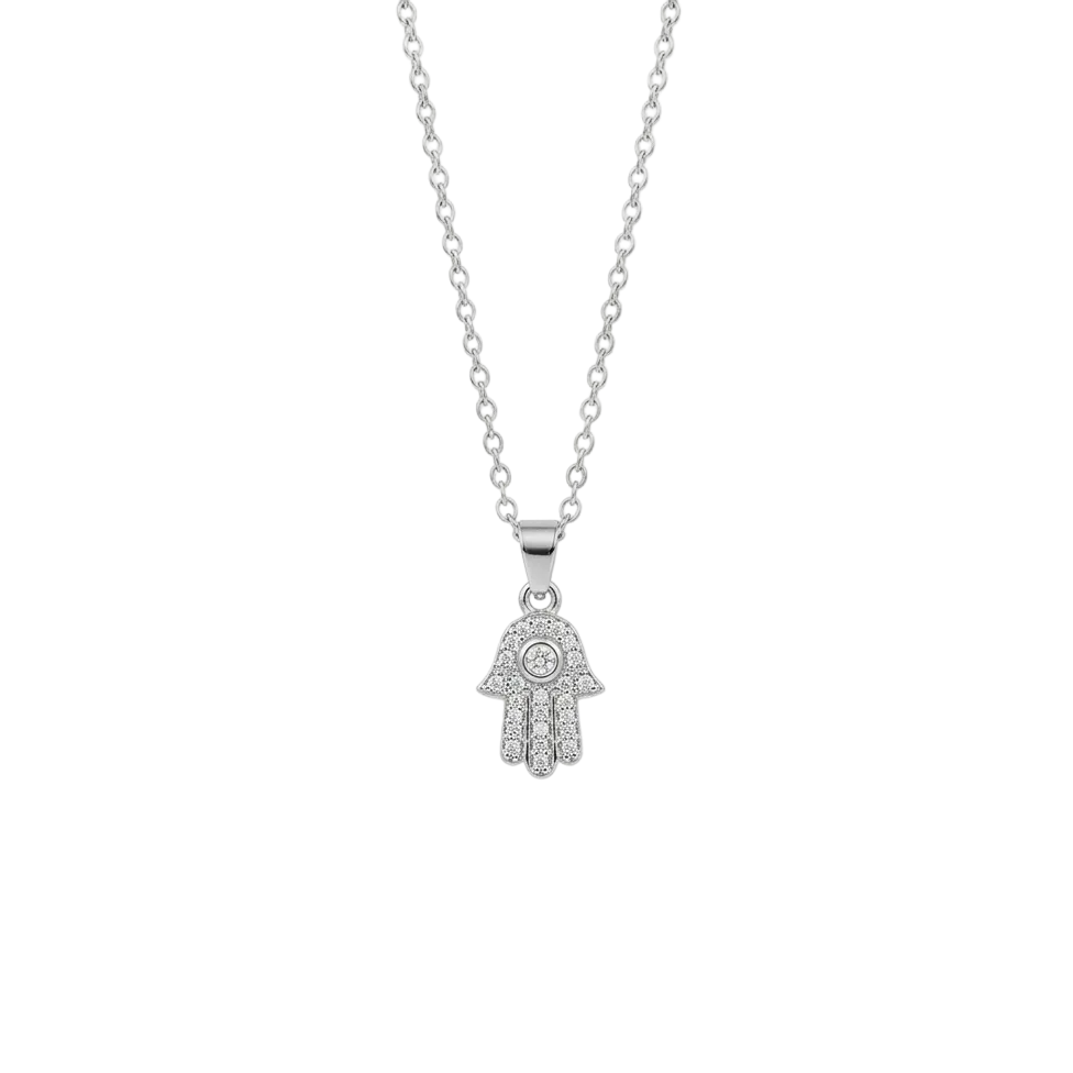 Silver Hamsa Hand in polished stainless steel, featuring intricate stone settings and a classic protective design