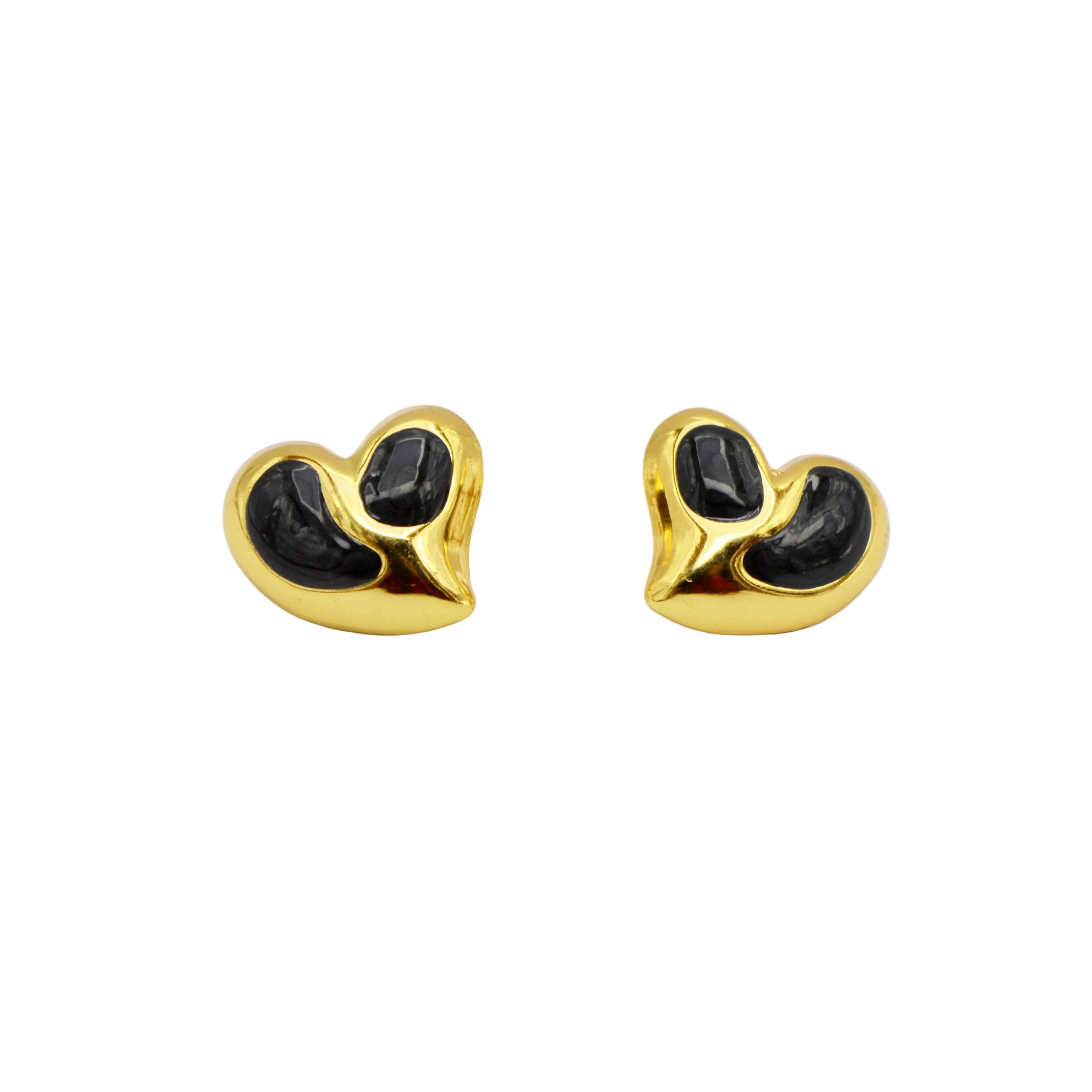 Soul Heart Studs in Onyx, a pair of handcrafted, anti-tarnish stainless steel earrings with a fluid, organic heart design and black enamel inlay