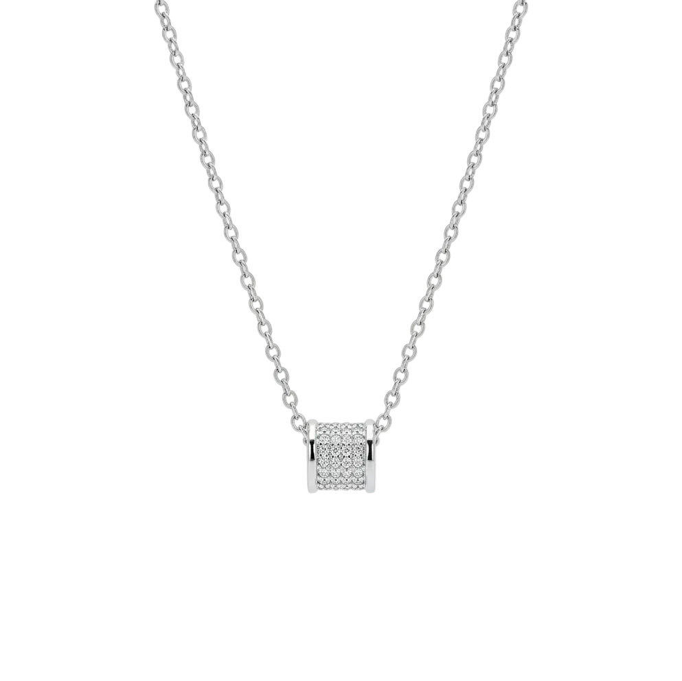 Stellar Barrel Pendant in silver-tone stainless steel, featuring a cylindrical, stone-set design