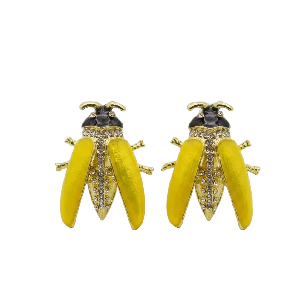 The Specimen Studs, a pair of handcrafted statement earrings featuring vibrant yellow enamel, black-lacquered accents, and crystal-paved bodies