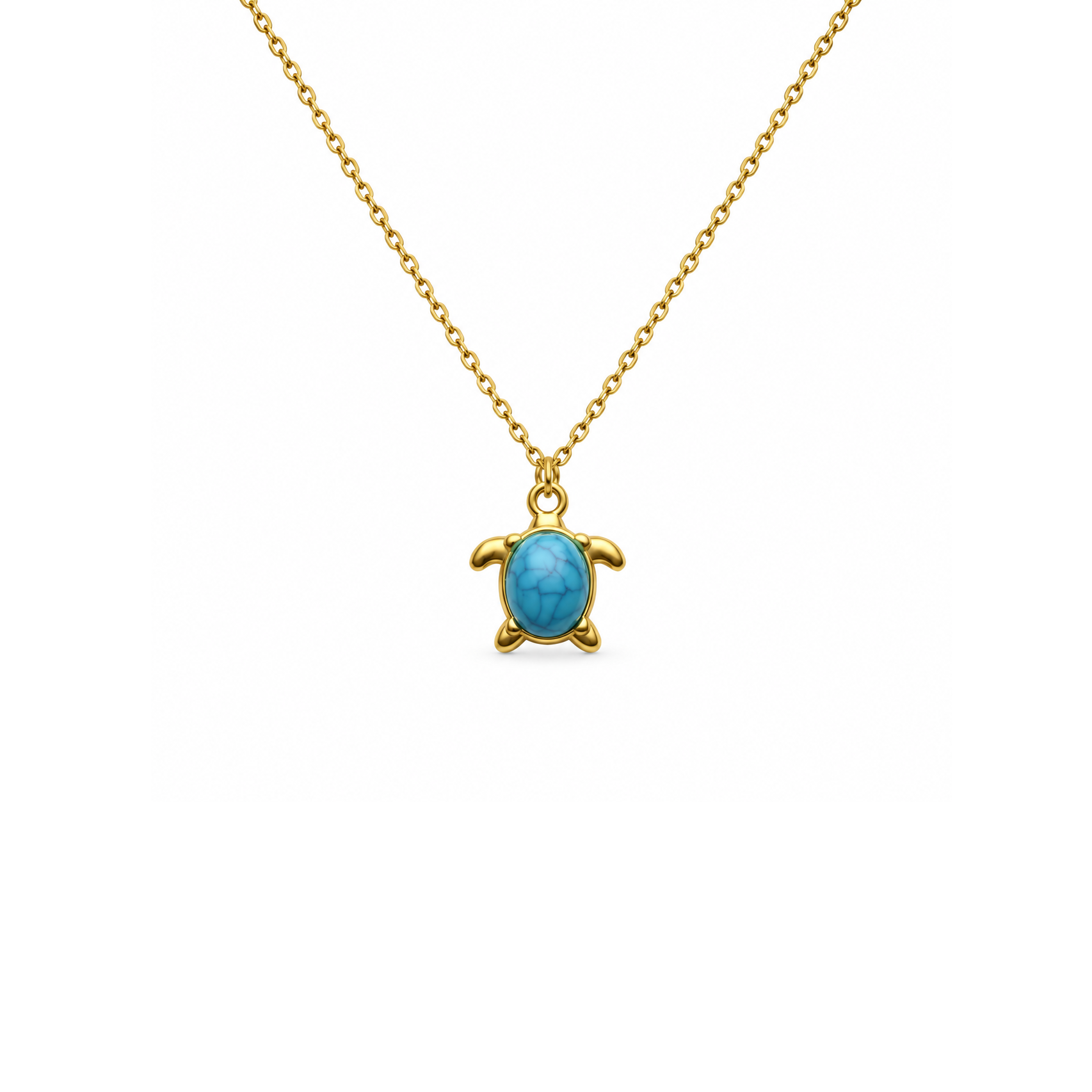 Gold turtle pendant necklace with blue stone detail in 316L stainless steel by Civaro
A gold chain necklace with a small turtle pendant featuring a round turquoise-blue stone on a plain white background.